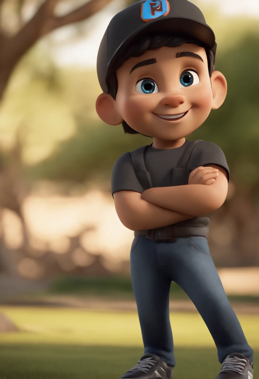 Cartoon character of a smiling child in black shirt and jeans and cap , Nome do caso escrito na tampa, nome case escrito no bone branco e bota preta , dando legal , Blue Eyes Black Hair Animation Character, Caractere estilizado, animation style rendering, 3D estilizado, Arnold Maya render, 3 d render stylized, toon render keyshot, Personagem 3D, Personagem 3D, 3d rendering stylized, 3 d character render, personagem de desenho animado, Personagem de close up, Pose de personagem, (Estilo Pixar) (master part:1.2) (Bokeh) (melhor qualidade) (pele detalhada) (textura detalhada) (8k) (argila) (Cinematic lighting) (foco nítido