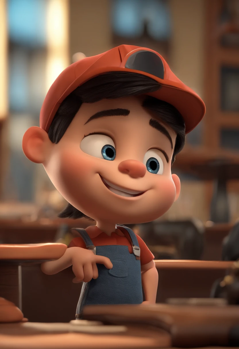 Cartoon character of a smiling child in black shirt and jeans and cap , Nome do caso escrito na tampa, nome case escrito no bone branco e bota preta , dando legal , Blue Eyes Black Hair Animation Character, Caractere estilizado, animation style rendering, 3D estilizado, Arnold Maya render, 3 d render stylized, toon render keyshot, Personagem 3D, Personagem 3D, 3d rendering stylized, 3 d character render, personagem de desenho animado, Personagem de close up, Pose de personagem, (Estilo Pixar) (master part:1.2) (Bokeh) (melhor qualidade) (pele detalhada) (textura detalhada) (8k) (argila) (Cinematic lighting) (foco nítido