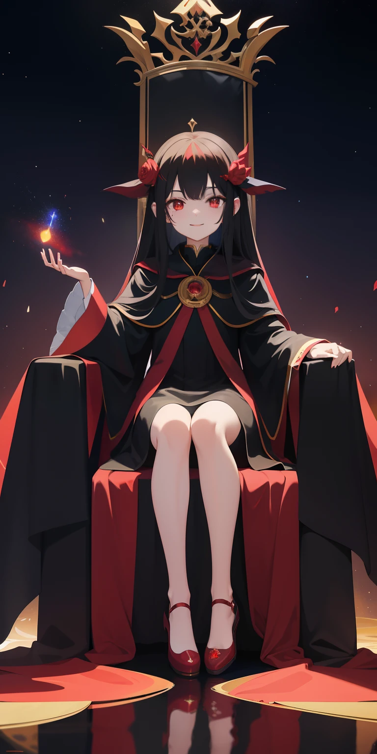 1girl,long dark hair, light red eyes, wearing murim black dress, sitting on a throne made with galaxy,demonic Aura from the body, freeze smile, holding a galaxy on the hand, watching a galaxy on her hand,high res, ultrasharp,8K, masterpiece, mommy type, sitting like a sukuna