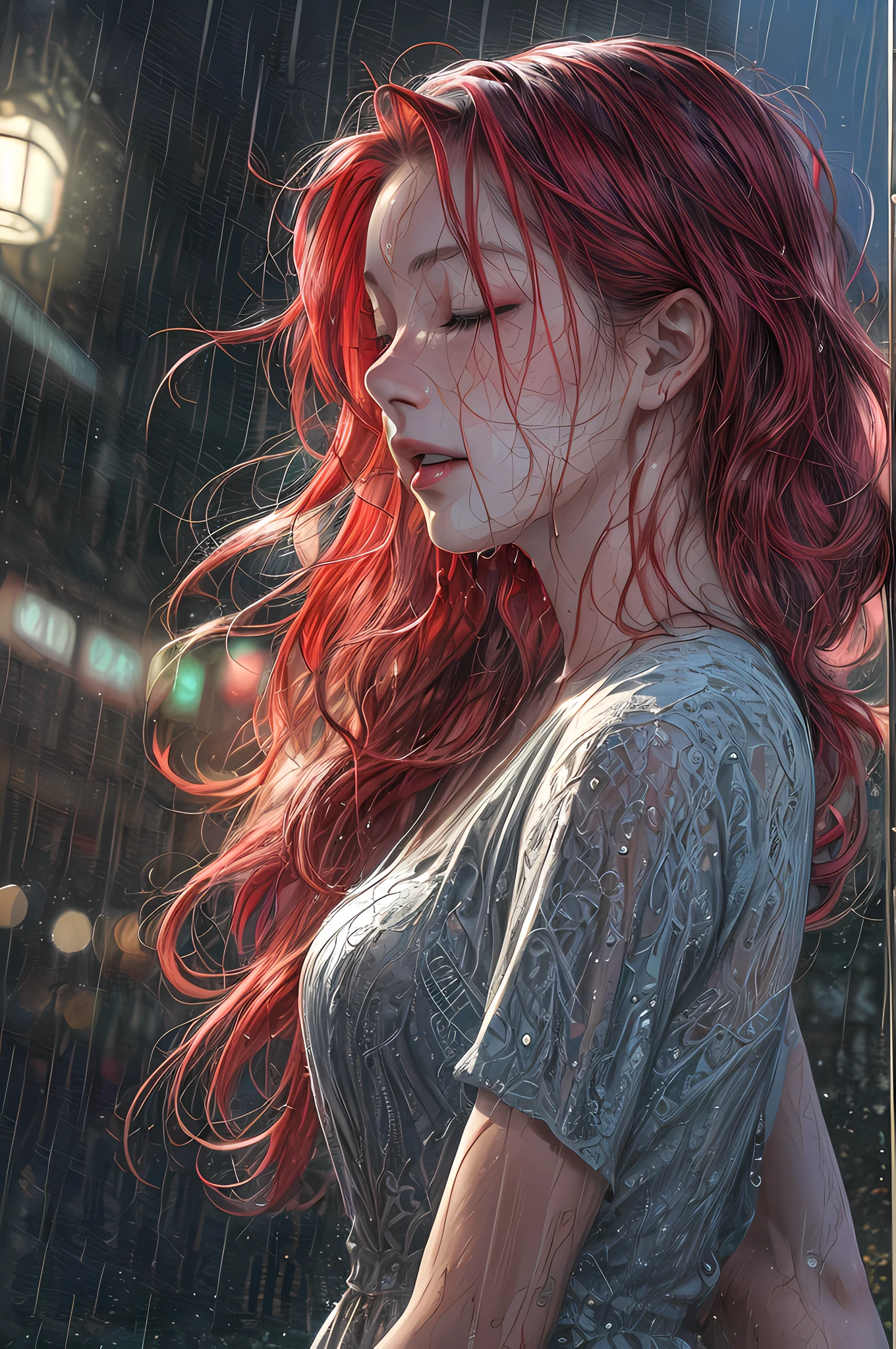 a close up picture of a woman's face looking towards the sky, as she looks up the (rain drops: 1.3) fall on her face, a very beautiful woman, long hair, red hair, wavy hair, (elegant make up: 1.3) wet hair, closed eyes, she wears an elegant, intricate dress, there is a sense of joy on her face, an urban street at night. cloudy night,