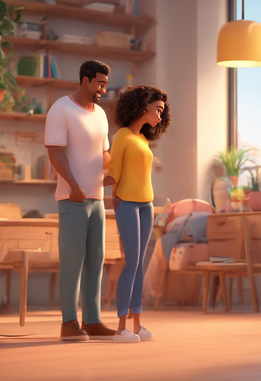 An illustration of an adorable couple, destacando um homem e uma mulher com bonito, Expressive eyes – the man's skin is black and the man's hair is bald and black, while the woman's skin is black and the woman's hair is curly and brown. They are a bright room, cada um com um sorriso no rosto, e compartilhar um momento especial caracterizado pelo amor, arroz, e insights educacionais. Illustrate this scene from a perspective where they are facing away from the camera, Showing Your Connection. Desenvolva esta arte em Full HD, Focus on your cinematic touch, Estilo Disney Pixar Animations