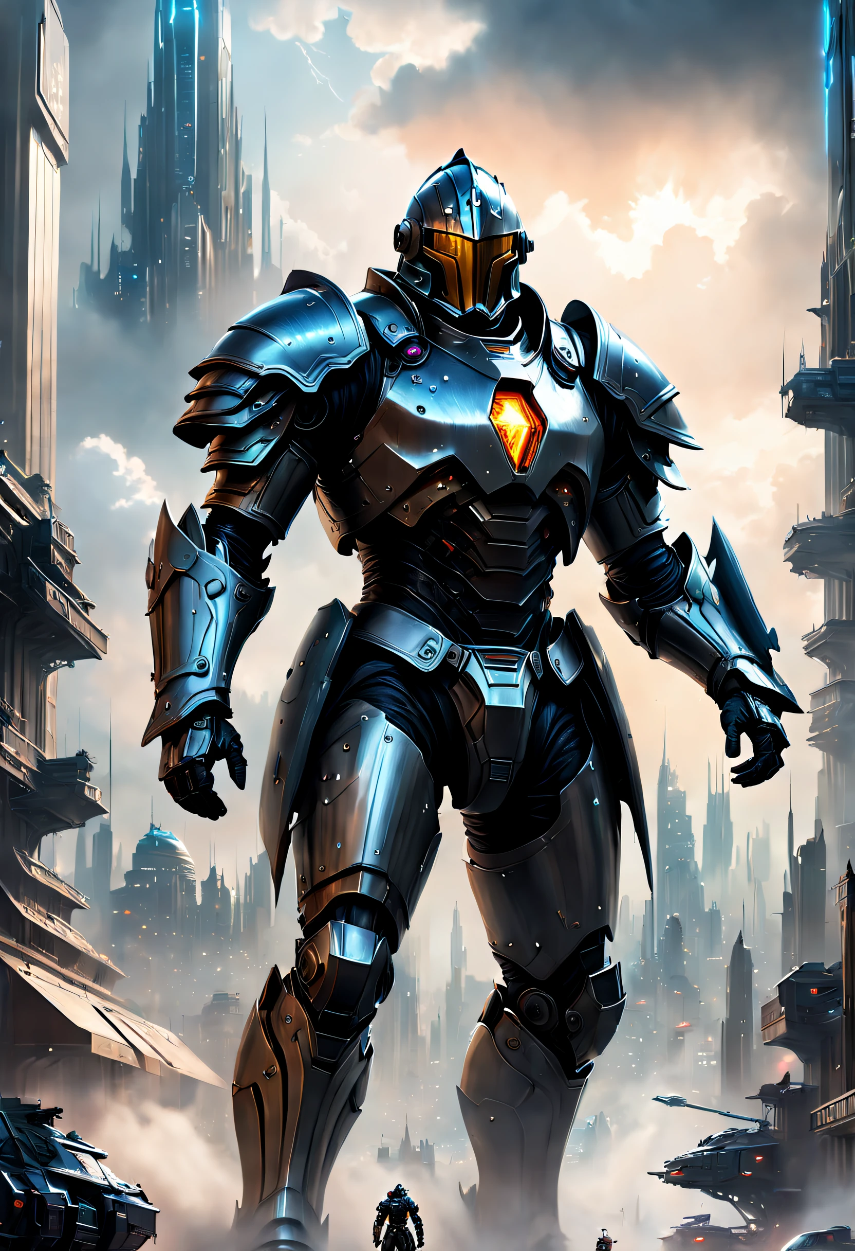 (Best quality, 4K, 8K, A high resolution, Masterpiece:1.2), Ultra-detailed, (Realistic, Photorealistic, photo-realistic:1.37),The giant knight breaks through the clouds,ultra-realistic realism,Epic dreams,Beautiful sci-fi art,science fiction digital art,futuristic urban background,Beautiful sci-fi art, Science-fi digital art illustration, Digital cyberpunk art, science fiction digital painting, futuristic digital painting, futuristic concept art, in front of a sci fi cityscape, science fiction digital art, Advanced digital cyberpunk art, Fantastic cyberpunk knight