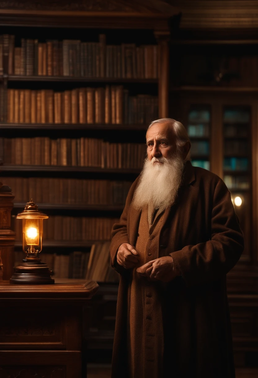 A wise old man standing in front, illuminated by the light of a lamp, against the backdrop of a library
