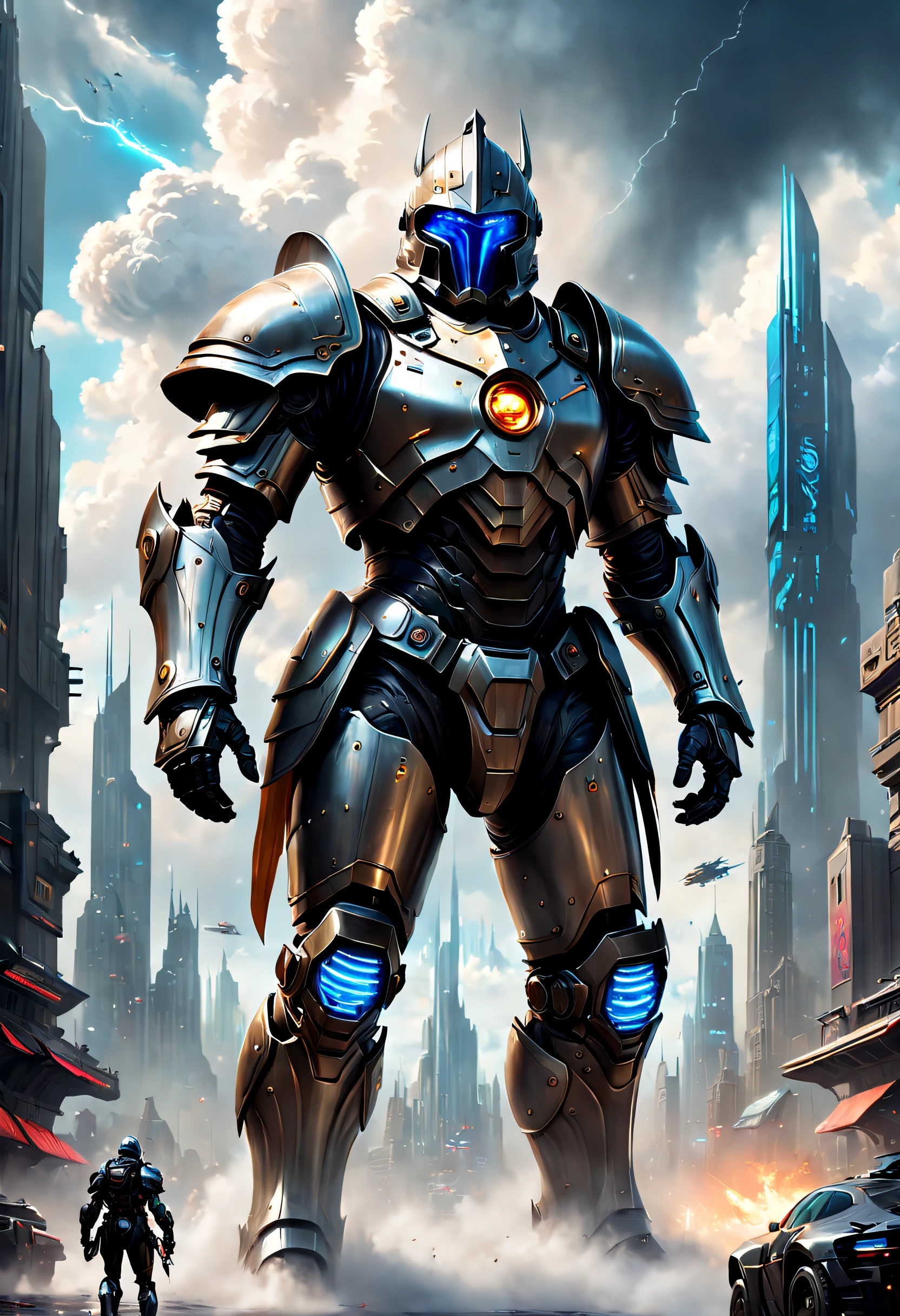 (Best quality, 4K, 8K, A high resolution, Masterpiece:1.2), Ultra-detailed, (Realistic, Photorealistic, photo-realistic:1.37)，The giant knight breaks through the clouds，ultra-realistic realism，Epic dreams，Beautiful sci-fi art,science fiction digital art,futuristic urban background，Beautiful sci-fi art, Science-fi digital art illustration, Digital cyberpunk art, science fiction digital painting, futuristic digital painting, futuristic concept art, in front of a sci fi cityscape, science fiction digital art, Advanced digital cyberpunk art, Fantastic cyberpunk knight