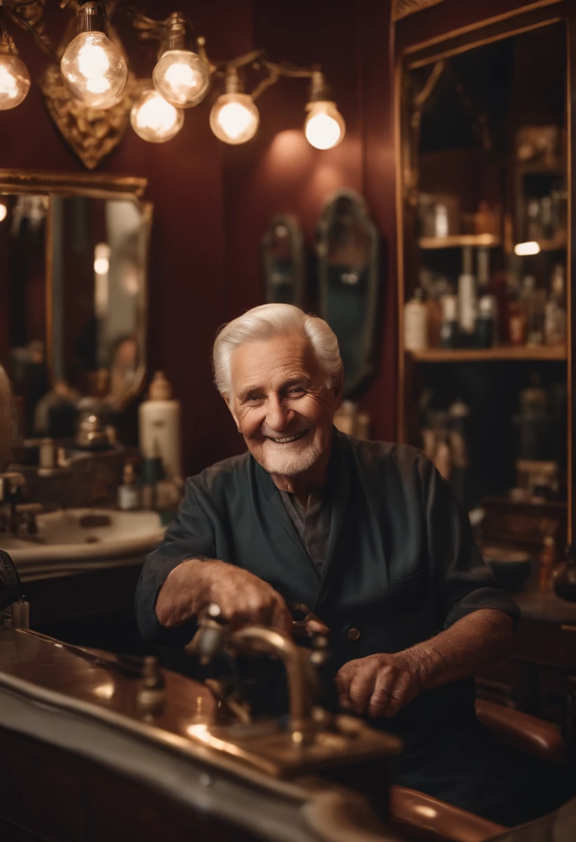 Smiling elderly hairdresser in his vintage salon, skilled and experienced hands, Looking forward to your loyal and new customers.