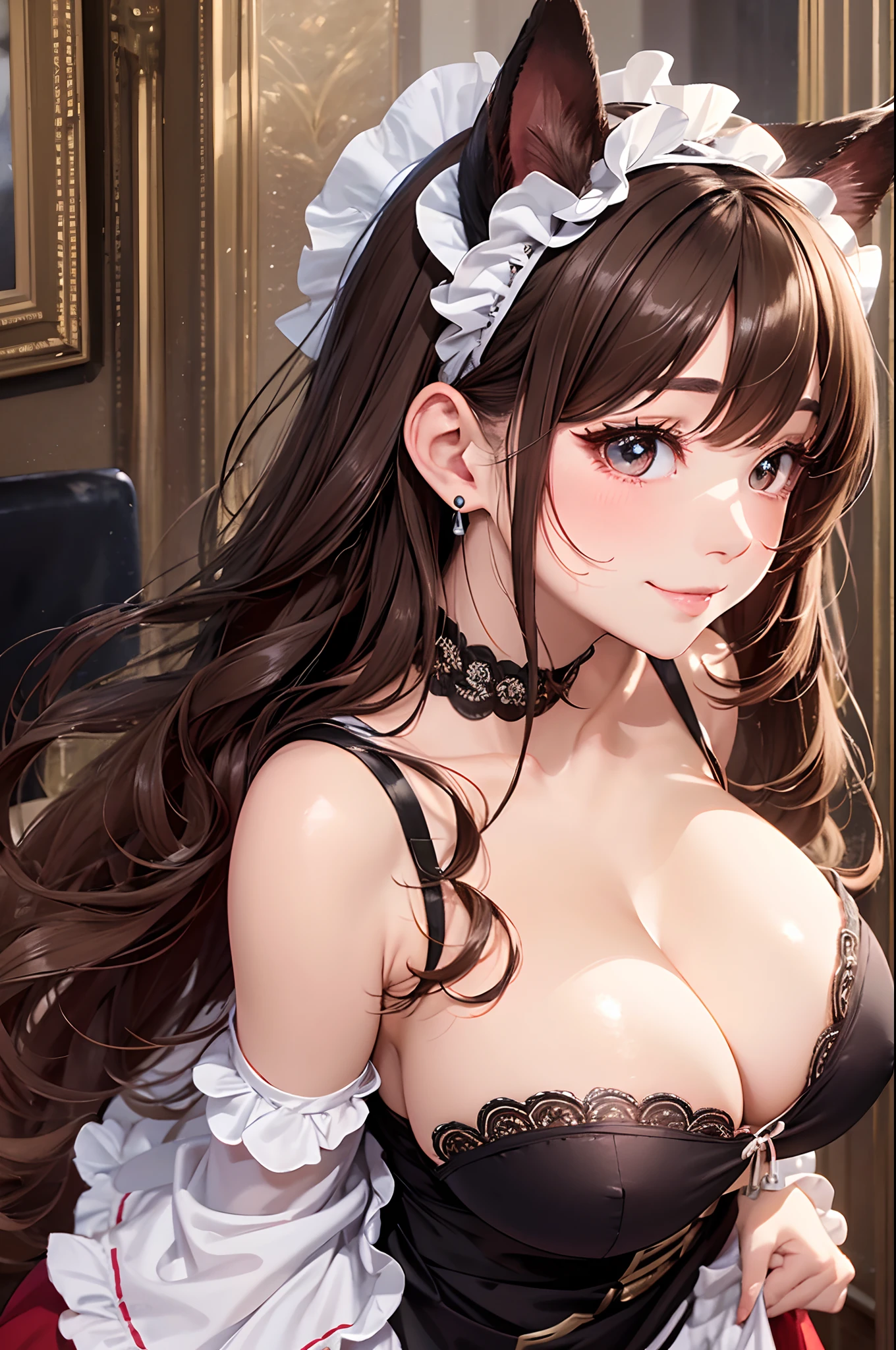 16K Ultra High Definition
Super Detailed
masterpiece
Glossy and detailed hair
Beautiful human woman with long brown hair、The human ear does not output、Very long lashes、lofty nose、
ultra gigantic tits、Amazing beautiful breasts、Maid Outfit
Dog Ears
Glossy skin
Red cheeks
Moist eyes and an embarrassed expression
Seduce with a bewitching smile
The background is the living room