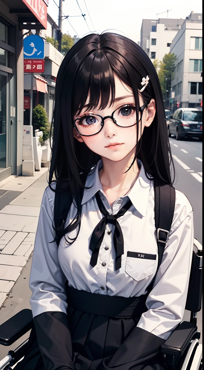 Upper body
1 girl, Student in a wheelchair, Black hair, Black eyes, Crossed hairpins, Wearing a white uniform with a black collar, Black tie,Lace-up long boots、carrying a schoolbag, Wearing glasses, Physical disability、Looking at Viewer