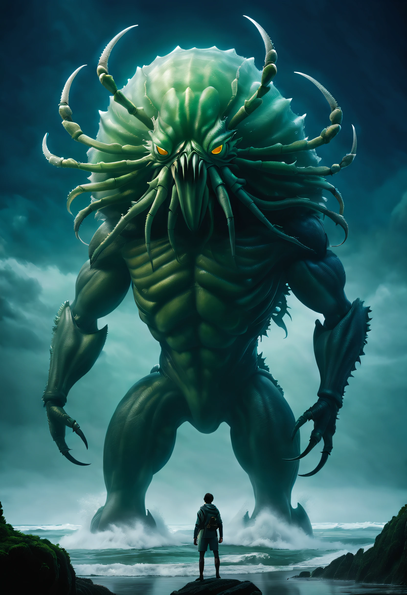 （A giant crab stands in the fog and stares fiercely at a man begging for help），（a creature 5 meters tall:1.0），（Huge green eyes are unusually bright：1.37）（The thick legs of two giants stand on the reef） ，，（The shell of the giant crab is dark green），（goldtrim）, （Dark blue wide oval abdomen）, （Very hard and thick shell texture）， (There are a pair of large protruding compound eyes：0.8），（Unusually long and flexible antennae：1.1），（The length is about 1/3 The width of the crab's body：0.5） ，（There is a small pair of pliers on the top of the head），（Fresh fluff：0.8）， giant ethereal creature,The texture is clear， （The helpless pray for help：1.37），（Dark blue glowing sky）， Background with：Fog，（rough sea），（Greatwave），Recife，（salama：1.1）， 真实感，Epic，ultraclear，afterimage, Dutch angle, From below, Sony FE GM, Chiaroscuro, Blurry, hyper HD, Masterpiece, Textured skin, Super detail, High details, High quality, Award-Awarded, Best quality, A high resolution, 8K，Epic，sci-fy，Futuristic fantasy，cotw，thriller