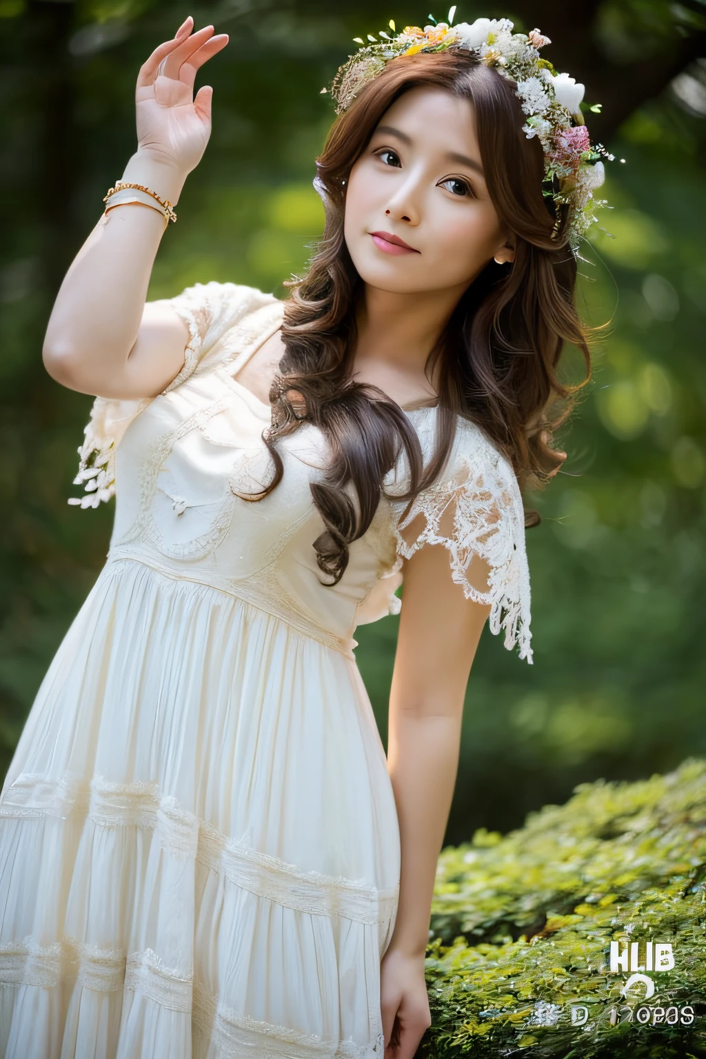 in woods、forest fae、masterpiece、top-quality、独奏、(paler:1.04)、(Curta:1.15)And(Curvaceous)femele(flawless skin:1.11)And(teats:1.1)、full body Esbian、Beautiful standing figure、high angle and(White dress with dub dab)、((Near and far law:0.6))、(face perfect:1.1)with an intricate(high detal:1.1)Body、covering the navel、covers、eyes up、s lips、Gorgeous brown long wavy hair、photographed by lee jeffries nikon d850 film stock photograph 4 kodak portra 400 camera f1.6 lenses Rich colors Ultra-realistic textures Dramatic lighting Art Station Cinestar 800 Unreal Engine Trends