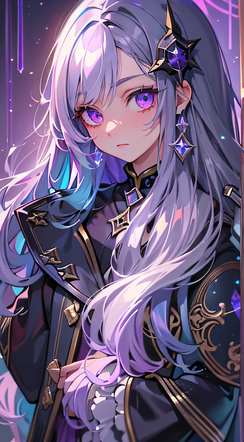 ((Masterpiece)), Best quality,  Ultra detailed, mistic，holograph,magia，black greatcoat，Golden ratio, Mysterious maiden,black color hair，Silver pick dye hair， Super beautiful European girl，Very beautiful purple glowing eyes,Perfect body,