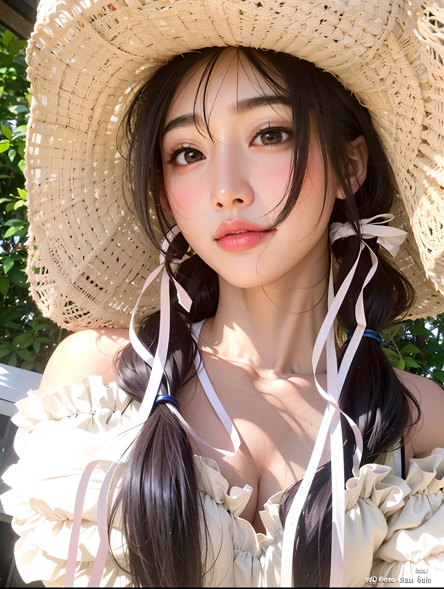 Araffe woman wearing a straw hat and a white dress, Mulher sul-coreana bonita, linda mulher coreana jovem, with straw hat, quente com sol brilhante, mulher coreana jovem bonita, Ulzzang, Sakimichan, Xintong Chen, Wenfei Ye, menina coreana, with hat, gorgeous chinese model, Heonhwa Choe, Beautiful Asian girl