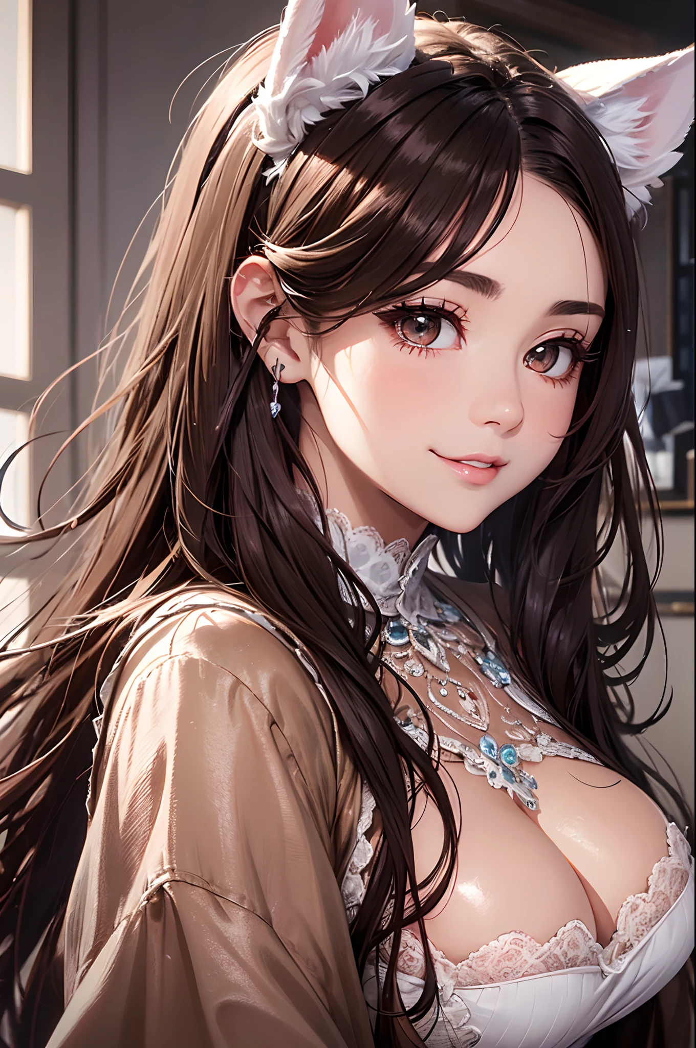 16K Ultra High Definition
Super Detailed
masterpiece
Glossy and detailed hair
Beautiful human woman with long brown hair、The human ear does not output、Very long lashes、lofty nose、
ultra gigantic tits、Amazing beautiful breasts、Maid Outfit
Dog Ears
Glossy skin
Red cheeks
Moist eyes and an embarrassed expression
Seduce with a bewitching smile
The background is the living room