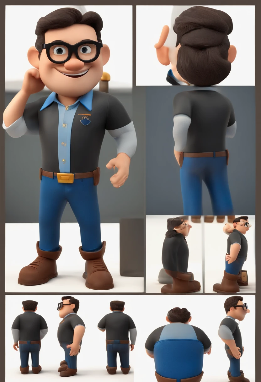 Cartoon character of a man wearing black glasses and a blue shirt, an animated character, stylized character, animation style render, stylized 3d, arnold maya render, 3 d render stylized, toon render keyshot, 3d character, 3d character, 3D rendering stylized, 3 d character render, cartoon character, Close-up characters, Character pose, (pixar-style) (Master parts:1.2) (Bokeh) (Best quality) (Detailed skins) (detail texture) (8K) (clay) (Cinematic lighting) (foco nítido