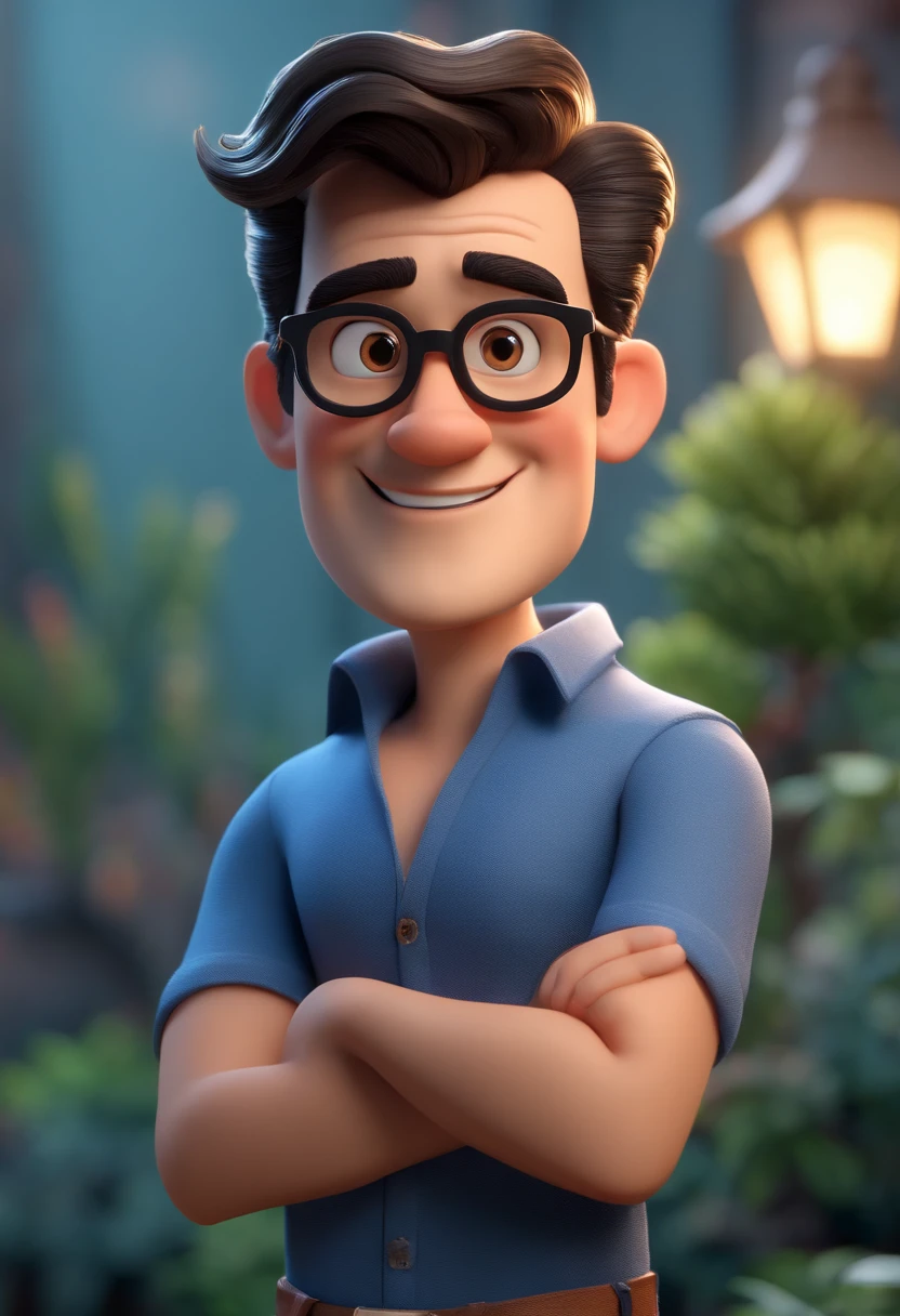 Cartoon character of a man wearing black glasses and a blue shirt, an animated character, stylized character, animation style render, stylized 3d, arnold maya render, 3 d render stylized, toon render keyshot, 3d character, 3d character, 3D rendering stylized, 3 d character render, cartoon character, Close-up characters, Character pose, (pixar-style) (Master parts:1.2) (Bokeh) (Best quality) (Detailed skins) (detail texture) (8K) (clay) (Cinematic lighting) (foco nítido