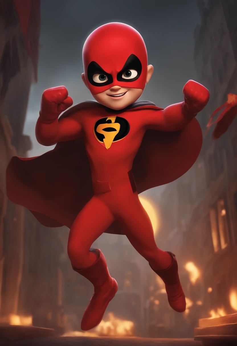 a boy pixar in a dardevil type superhero costume, with a red mask, yellow boots and gloves, a red cape, flying with his right hand fisted above and in the other hand holding a plate of food with a beef steak