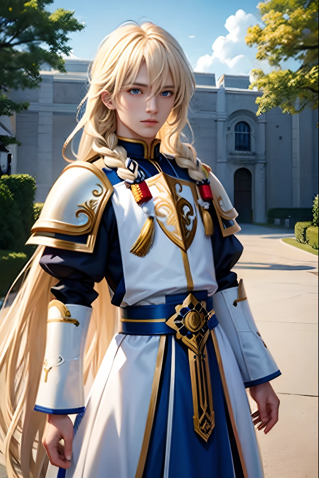 (mtu,Humanity,holy paladin,独奏,paleskin,Wear white armor),(Man with long blonde hair,Single twist braid,By bangs,hair between eye),(blue-eyed man),(In Westminster),( detailed anime character art, Masterpiece,Male Paladin high quality character design,,epic exquisite character art,blond hairbl, Complicated details,)