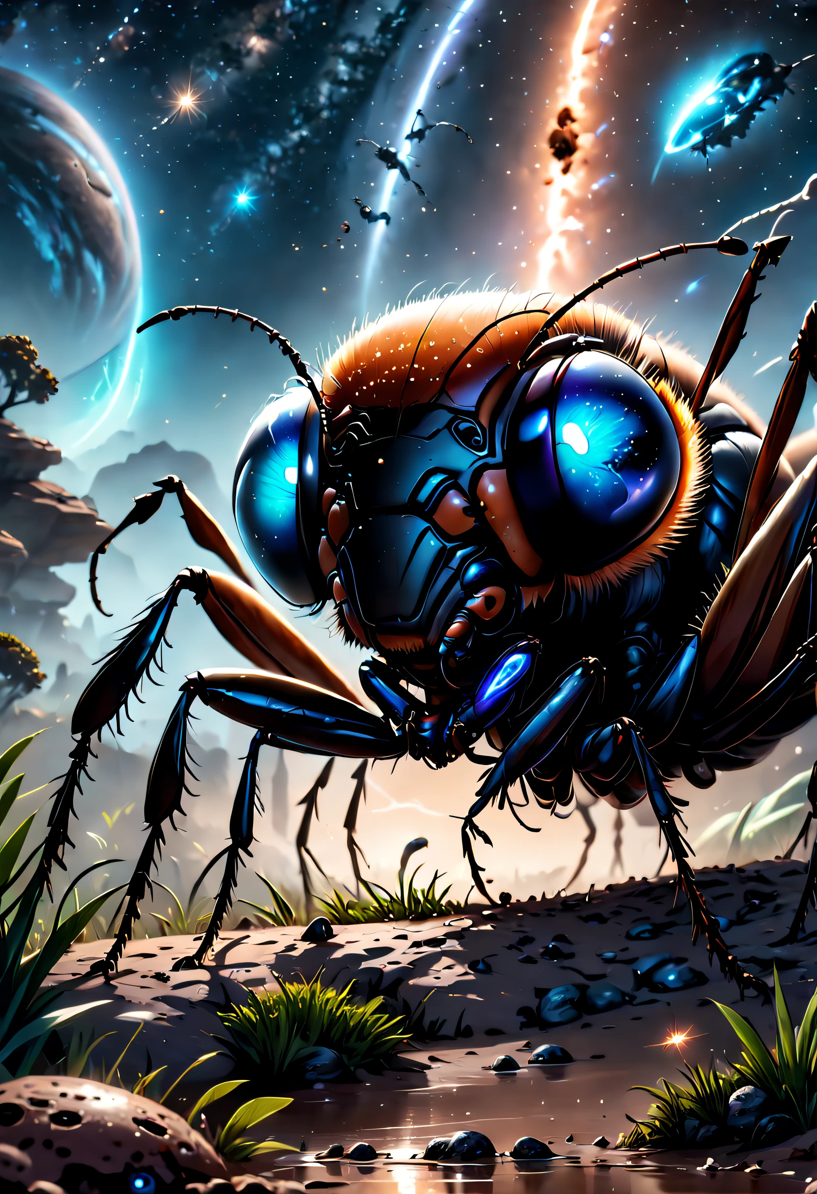 (Best quality, 4K, 8K, A high resolution, Masterpiece:1.2), Ultra-detailed, (Realistic, Photorealistic, photo-realistic:1.37),A giant ant breaks through the galaxy,Meticulous giant ants,As big as a planet,ultra-realistic realism,Epic dreams,Beautiful sci-fi art,science fiction digital art,Futuristic starry sky background,Beautiful sci-fi art, Science-fi digital art illustration, Digital cyberpunk art, science fiction digital painting, futuristic digital painting, futuristic concept art, In front of the sci-fi starry sky landscape, science fiction digital art, Advanced digital cyberpunk art, Fantastic cyberpunk ants