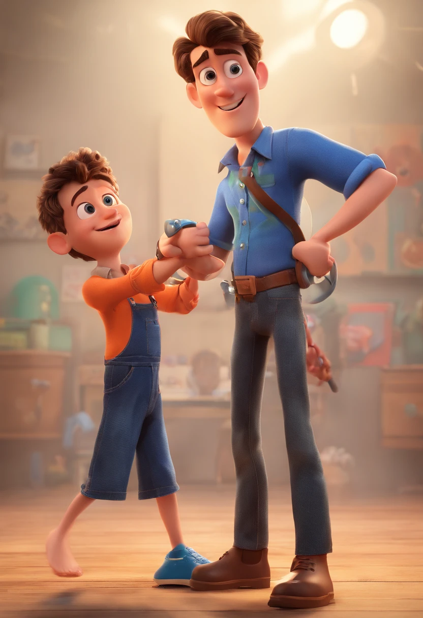 Estilo Pixar: The grown man is holding a naked blue-eyed boy and in his other hand he is holding a pair of scissors and is trying to cut off the boy's testicles,3D Poster,Disney