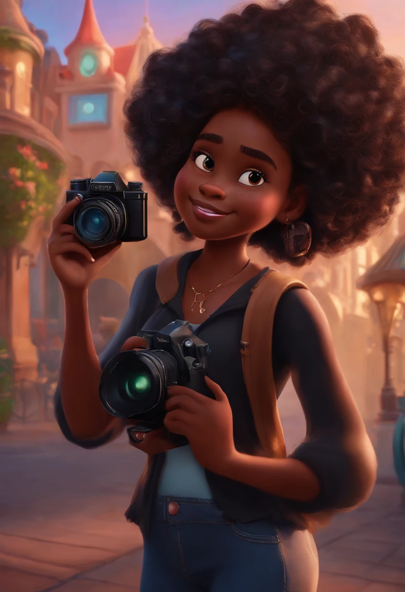 personagem da disney pixar, Wavy haired black girl in black clothes holding a camera