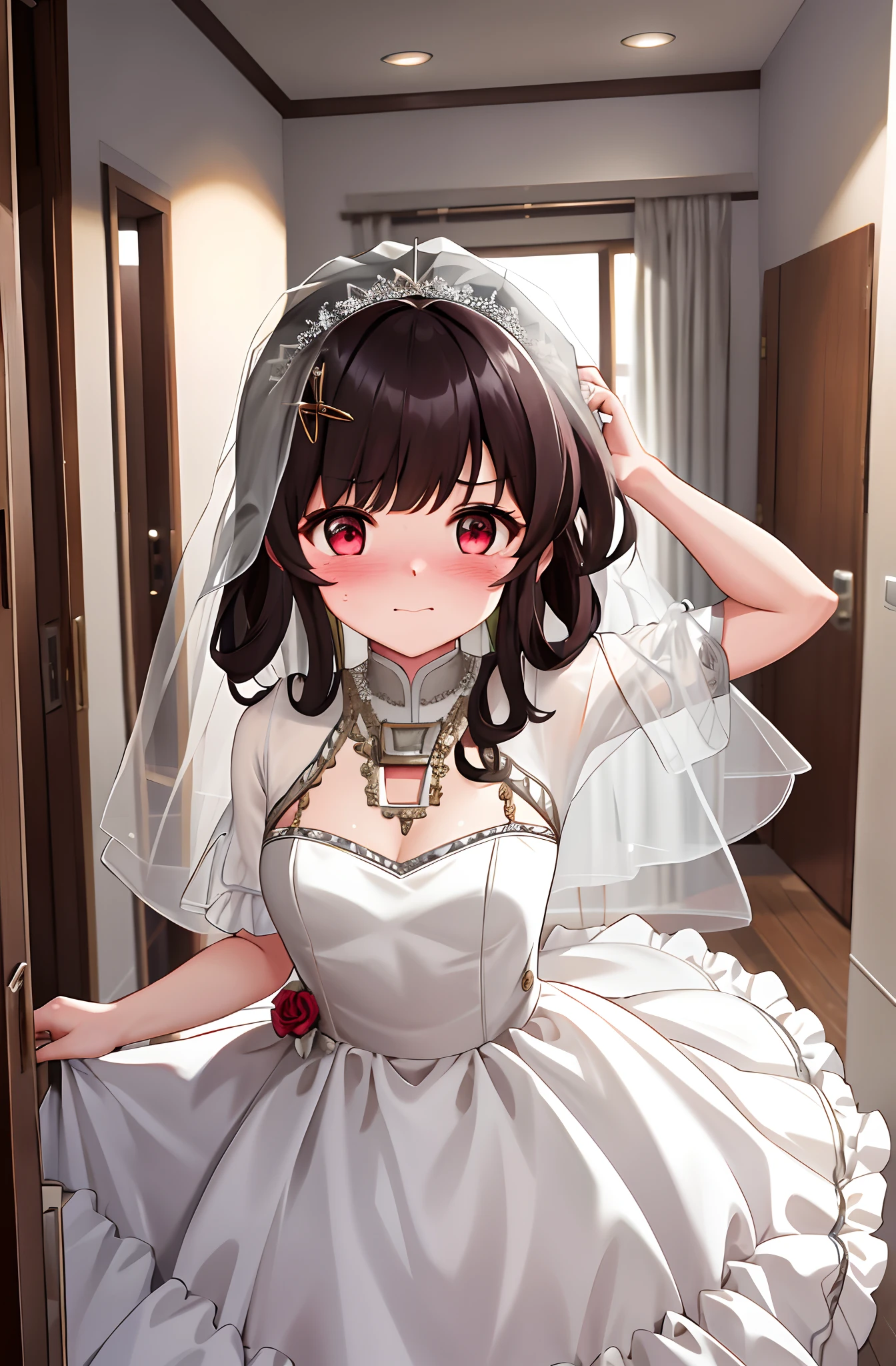 One girl with, dark hair, looking at viewer, embarrassed, blushing, indoor, wedding dress, bridal veil