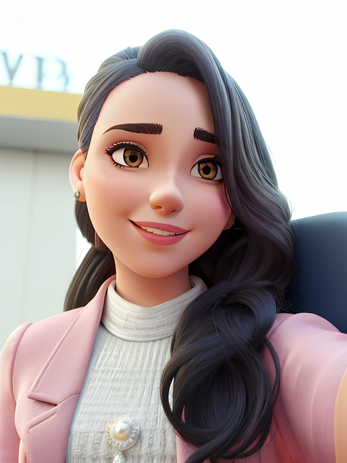 selfie de uma mulher branca com cabelo castanho escuro, with pearl earring, com blazer rosa claro aberto na times square a noite, estilo disney pixer, alta qualidade, melhor qualidade