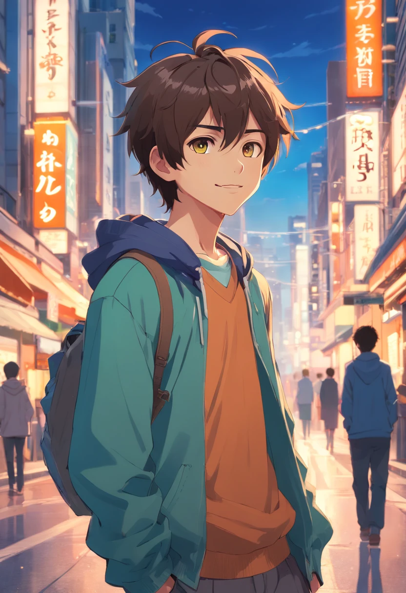 A boy, transformed into an anime style, with exaggerated unique facial features and clothing, standing on a bustling city street, backlit background highlighting the subject, high-contrast colors, 4K high-definition quality,young, smiling, handsome