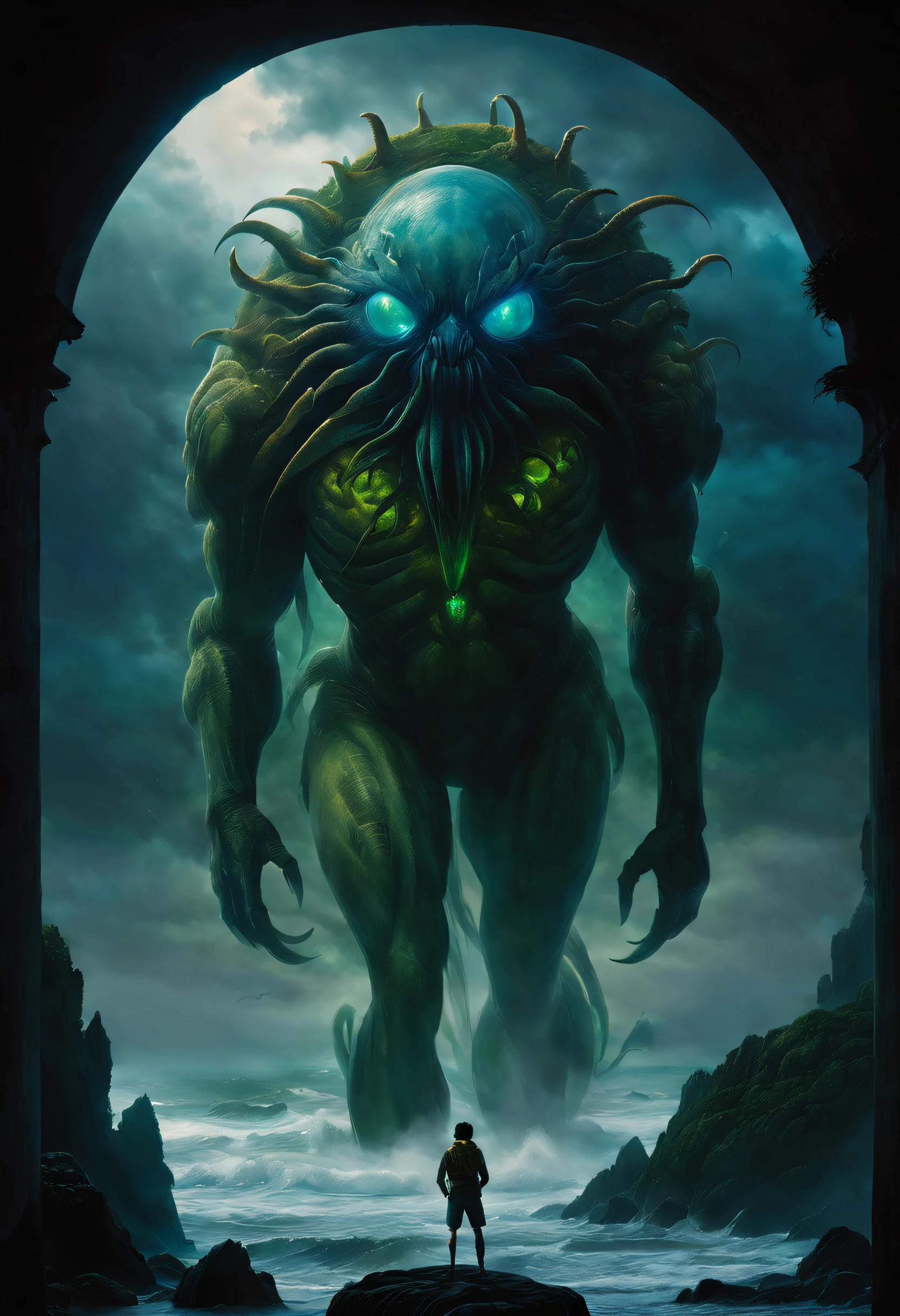 (A giant crab stands in the fog and stares fiercely at a man begging for help),(a creature 5 meters tall:1.0),(Huge green eyes are unusually bright:1.37)(The thick legs of two giants stand on the reef) ,,(The shell of a giant crab is dark green),(goldtrim), (Dark blue wide oval abdomen), (Very hard and thick shell texture), (There are a pair of large protruding compound eyes:0.8),(Unusually long and flexible antennae:1.1),(The length is about 1/3 The width of the crab's body:0.5) ,(There is a small pair of pliers on the top of the head),(Fresh fluff:0.8), giant ethereal creature,The texture is clear, (The helpless pray for help:1.37),(People who ask for help:1.37),(Dark blue glowing sky), Background with:nebulous sky,(salama:1.1(rough sea),(Greatwave),Recife,), 真实感,Epic,ultraclear,afterimage, Dutch angle, From below, Sony FE GM, Chiaroscuro, Blurry, hyper HD, Masterpiece, Textured skin, Super detail, High details, High quality, Award-Awarded, Best quality, A high resolution, 8K,Epic,sci-fy,Futuristic fantasy,cotw,thriller
