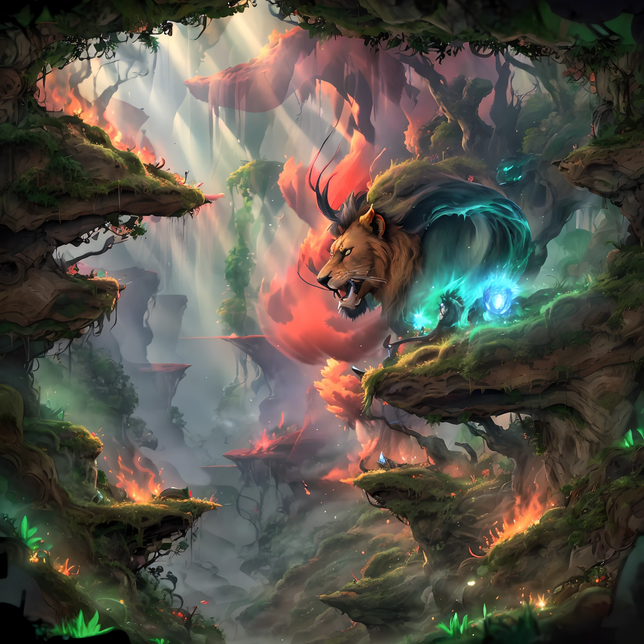 Horizontal. Landscape.  Green jungle. Red Fire. Lion in the middle.