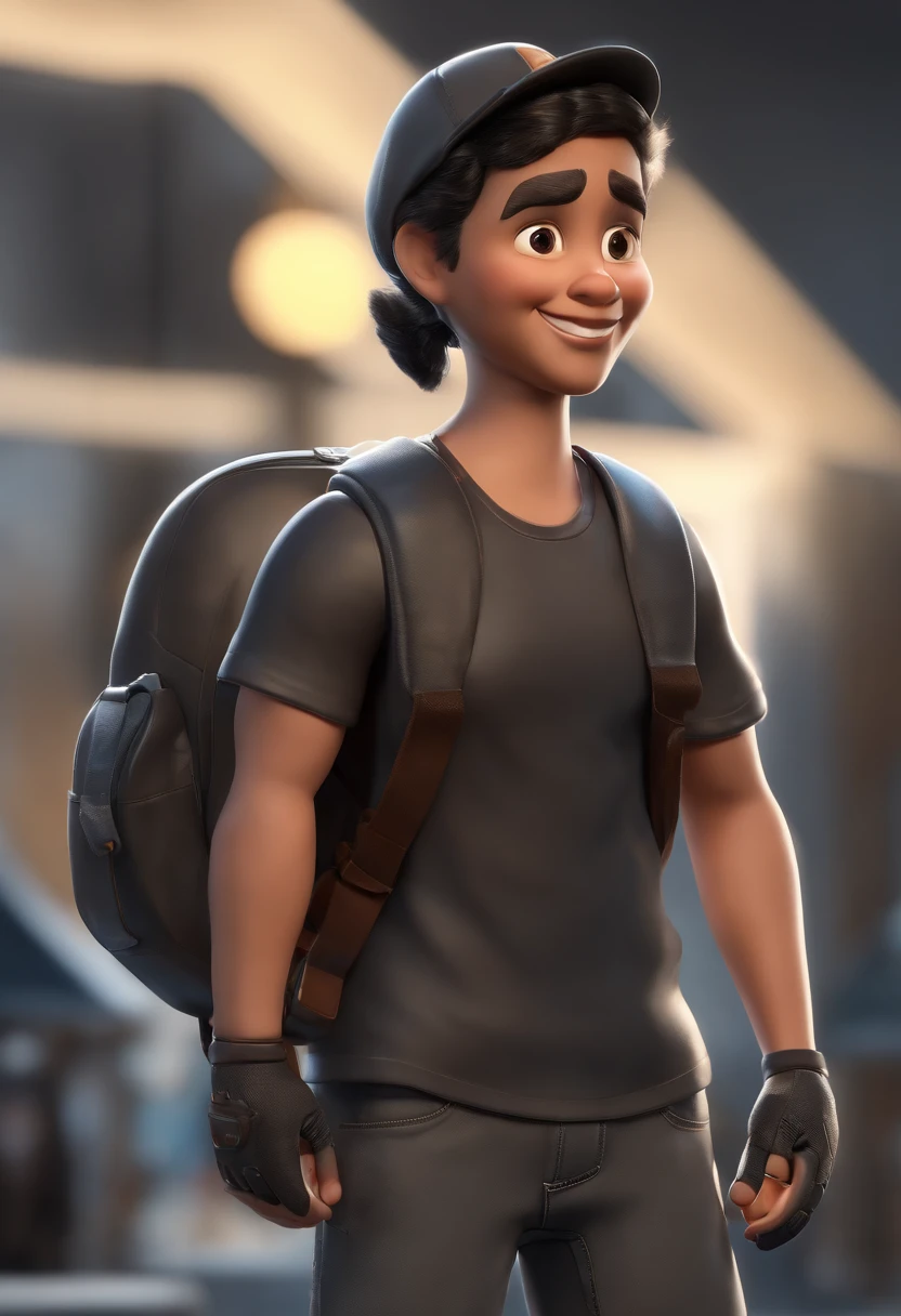 Cartoon character of a smiling child in black shirt and jeans and cap , Nome do caso escrito na tampa, nome case escrito no bone branco e bota preta , dando legal , Blue Eyes Black Hair Animation Character, Caractere estilizado, animation style rendering, 3D estilizado, Arnold Maya render, 3 d render stylized, toon render keyshot, Personagem 3D, Personagem 3D, 3d rendering stylized, 3 d character render, personagem de desenho animado, Personagem de close up, Pose de personagem, (Estilo Pixar) (master part:1.2) (Bokeh) (melhor qualidade) (pele detalhada) (textura detalhada) (8k) (argila) (Cinematic lighting) (foco nítido