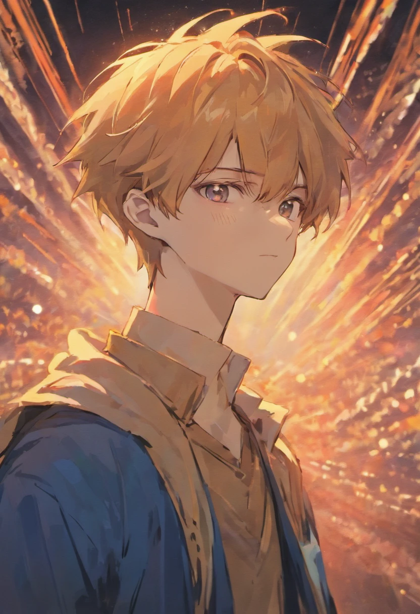 anime boy, smirking, blurry background, anime drawing style, face close up, look to the sky