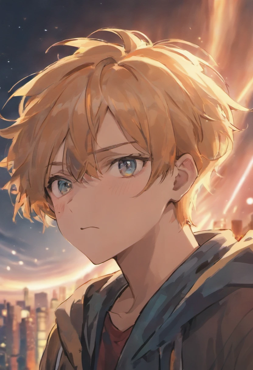 anime boy, smirking, blurry background, anime drawing style, face close up, look to the sky