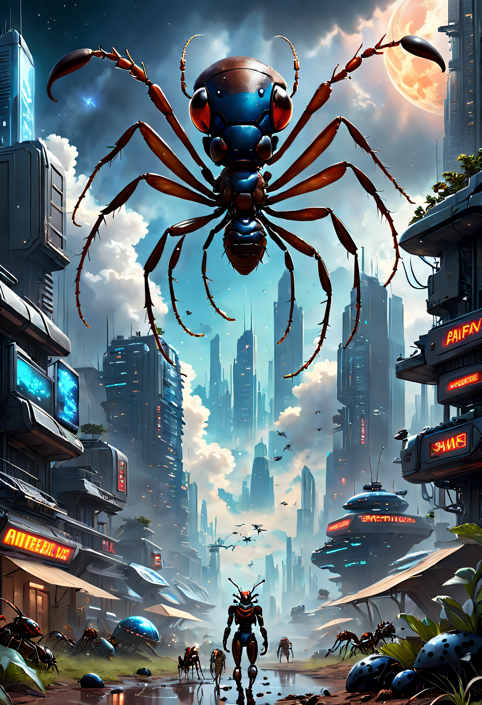 (Best quality, 4K, 8K, A high resolution, Masterpiece:1.2), Ultra-detailed, (Realistic, Photorealistic, photo-realistic:1.37),Giant ants break through the clouds,Meticulous giant ants,As big as a planet,ultra-realistic realism,Epic dreams,Beautiful sci-fi art,science fiction digital art,Futuristic starry sky background,Beautiful sci-fi art, Science-fi digital art illustration, Digital cyberpunk art, science fiction digital painting, futuristic digital painting, futuristic concept art, in front of a sci fi cityscape, science fiction digital art, Advanced digital cyberpunk art, Fantastic cyberpunk ants
