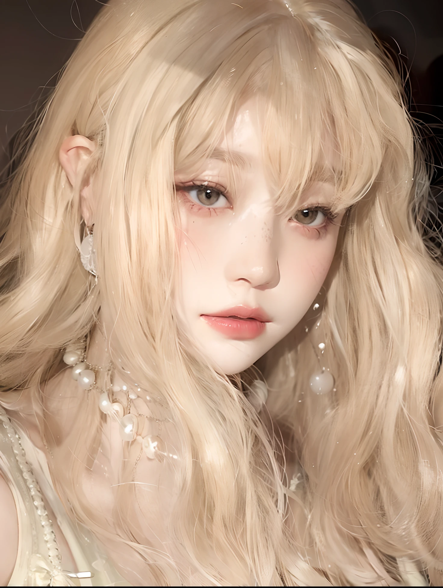 Blonde haired girl with a white dress and pearls on her head, extremely pale blond hair, branco hime corte penteado, pale porcelain white skin, Ulzzang, very very pale blond hair, pale round face, O corte Hime, Ela tem orelhas de elfo e olhos dourados, Shikami, pale fair skin!!, pale milky white porcelain skin, pale hair