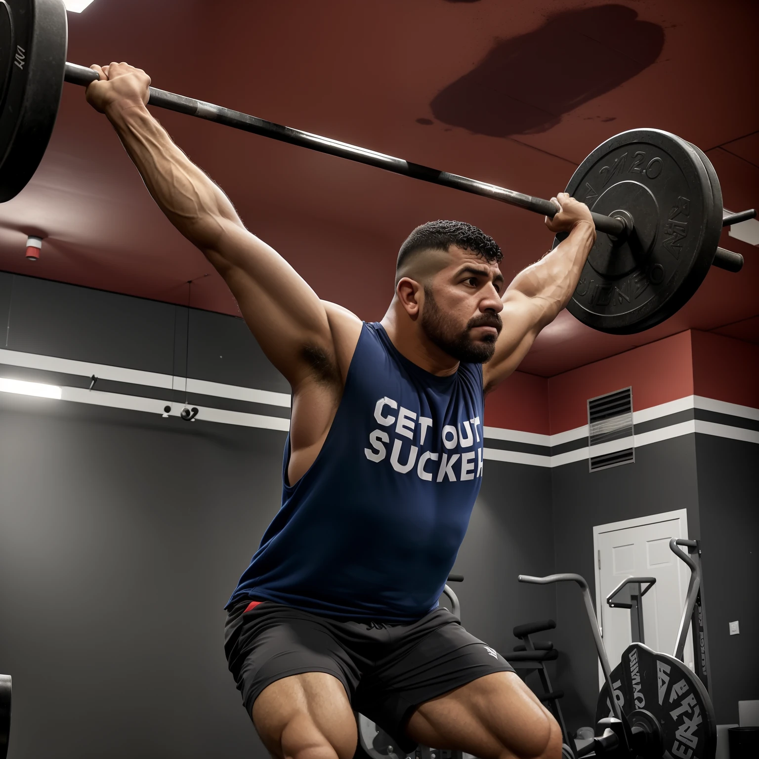 arafed man in a gym with a barbell in his hand, Propulsores, levantamento de pesos, Joel Torres, musculoso! CrossFit, athletic crossfit build, andrew gonzalez, Foto tirada em 2018, suando muito, tiro interno, Alex Flores, muito suado, Fotografia tirada em 2 0 2 0, Greg Rutkowksi, carregando duas barras