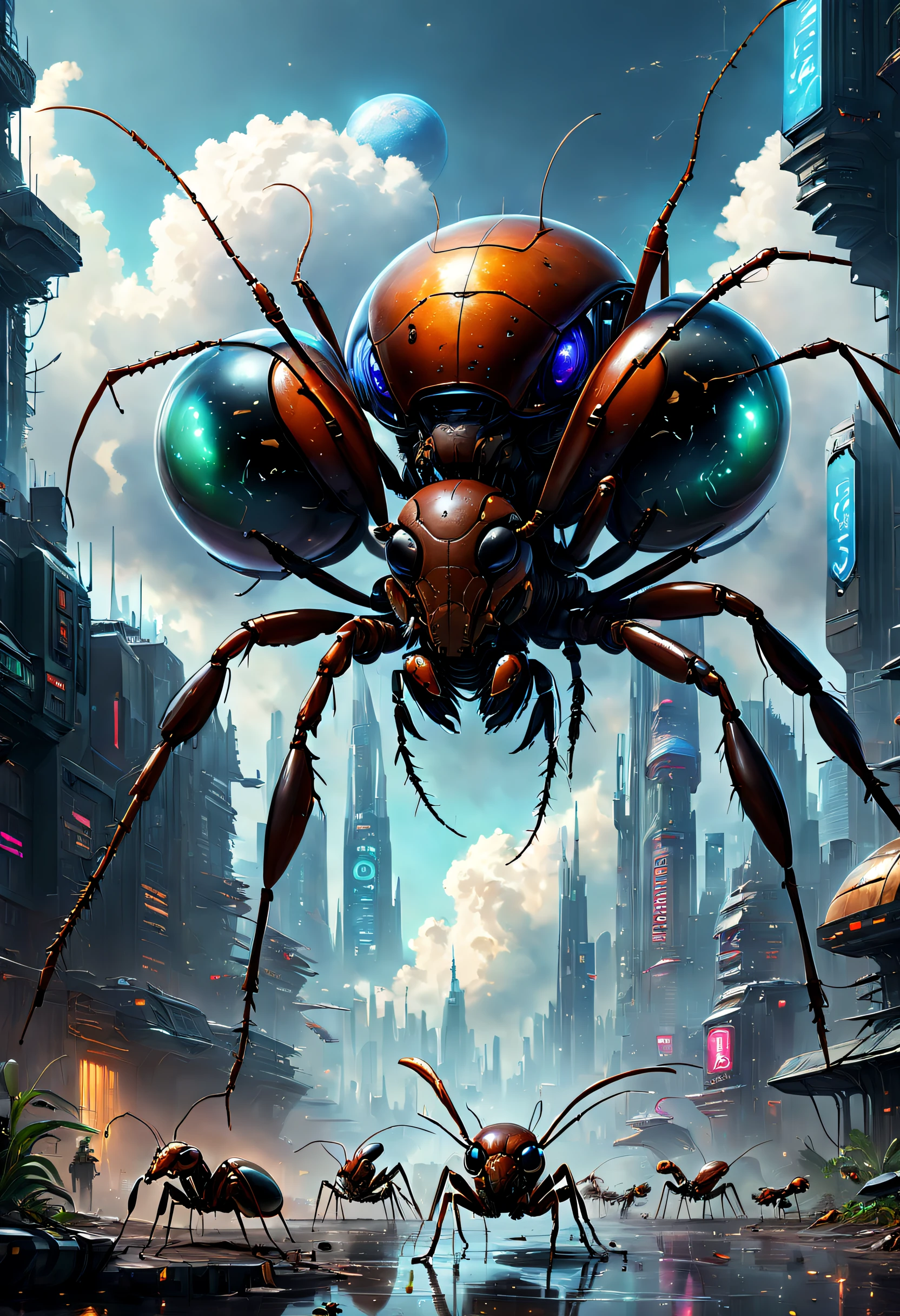 (Best quality, 4K, 8K, A high resolution, Masterpiece:1.2), Ultra-detailed, (Realistic, Photorealistic, photo-realistic:1.37),Giant ants break through the clouds,Detailed giant ants as large as planets,ultra-realistic realism,Epic dreams,Beautiful sci-fi art,science fiction digital art,futuristic urban background,Beautiful sci-fi art, Science-fi digital art illustration, Digital cyberpunk art, science fiction digital painting, futuristic digital painting, futuristic concept art, in front of a sci fi cityscape, science fiction digital art, Advanced digital cyberpunk art, Fantastic cyberpunk ants