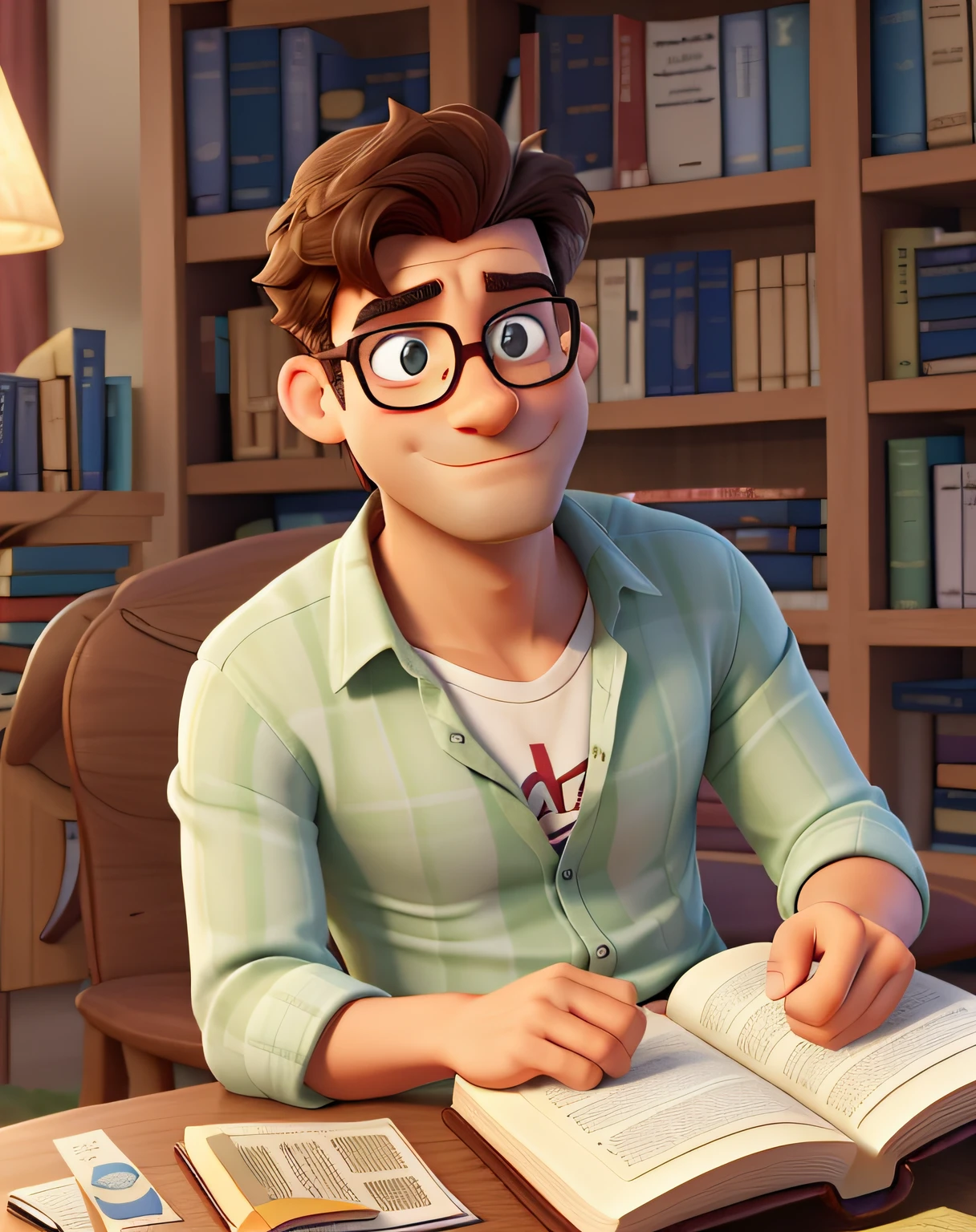 Um homem lendo um livro, ao fundo prateleiras cheias de livros de filosofia, Maquiavel e Hume