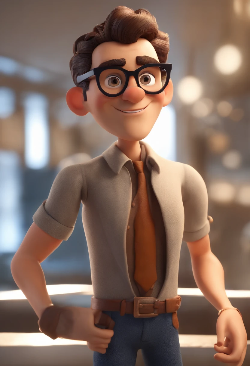 Cartoon character of a man with black glasses, cabelo cacheado marrom escuro e uma camisa azul, animation character, Caractere estilizado, animation style rendering, 3D estilizado, Arnold Maya render, 3 d render stylized, toon render keyshot, Personagem 3D, Personagem 3D, 3d rendering stylized, 3 d character render, personagem de desenho animado, Personagem de close up, Pose de personagem,  (Estilo Pixar) (master part:1.2) (Bokeh) (best quality) (pele detalhada) (textura detalhada) (8k) (argila) (Cinematic lighting) (foco nítido