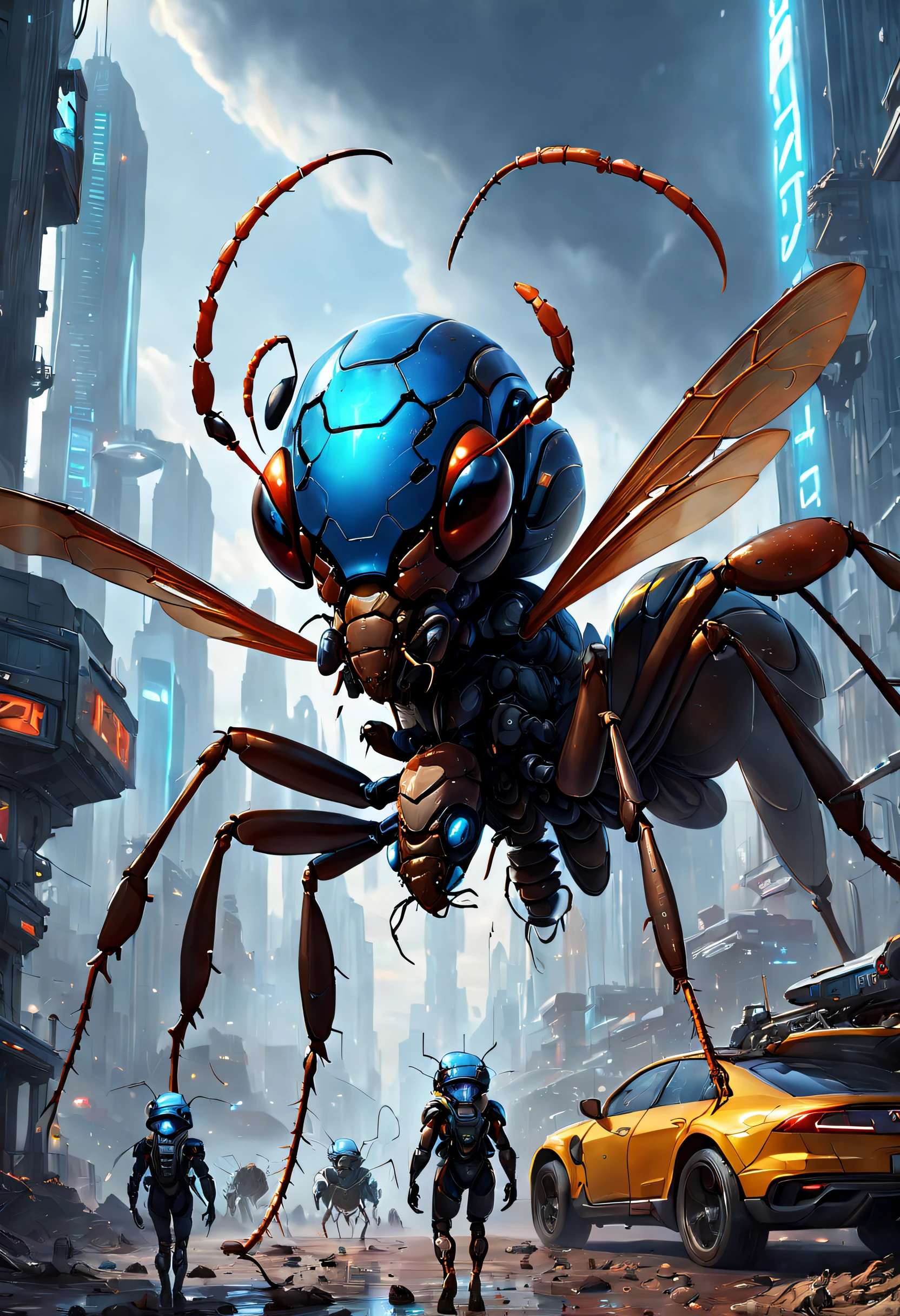 (Best quality, 4K, 8K, A high resolution, Masterpiece:1.2), Ultra-detailed, (Realistic, Photorealistic, photo-realistic:1.37),Giant ants break through the clouds,Detailed giant ants as large as planets,ultra-realistic realism,Epic dreams,Beautiful sci-fi art,science fiction digital art,futuristic urban background,Beautiful sci-fi art, Science-fi digital art illustration, Digital cyberpunk art, science fiction digital painting, futuristic digital painting, futuristic concept art, in front of a sci fi cityscape, science fiction digital art, Advanced digital cyberpunk art, Fantastic cyberpunk ants