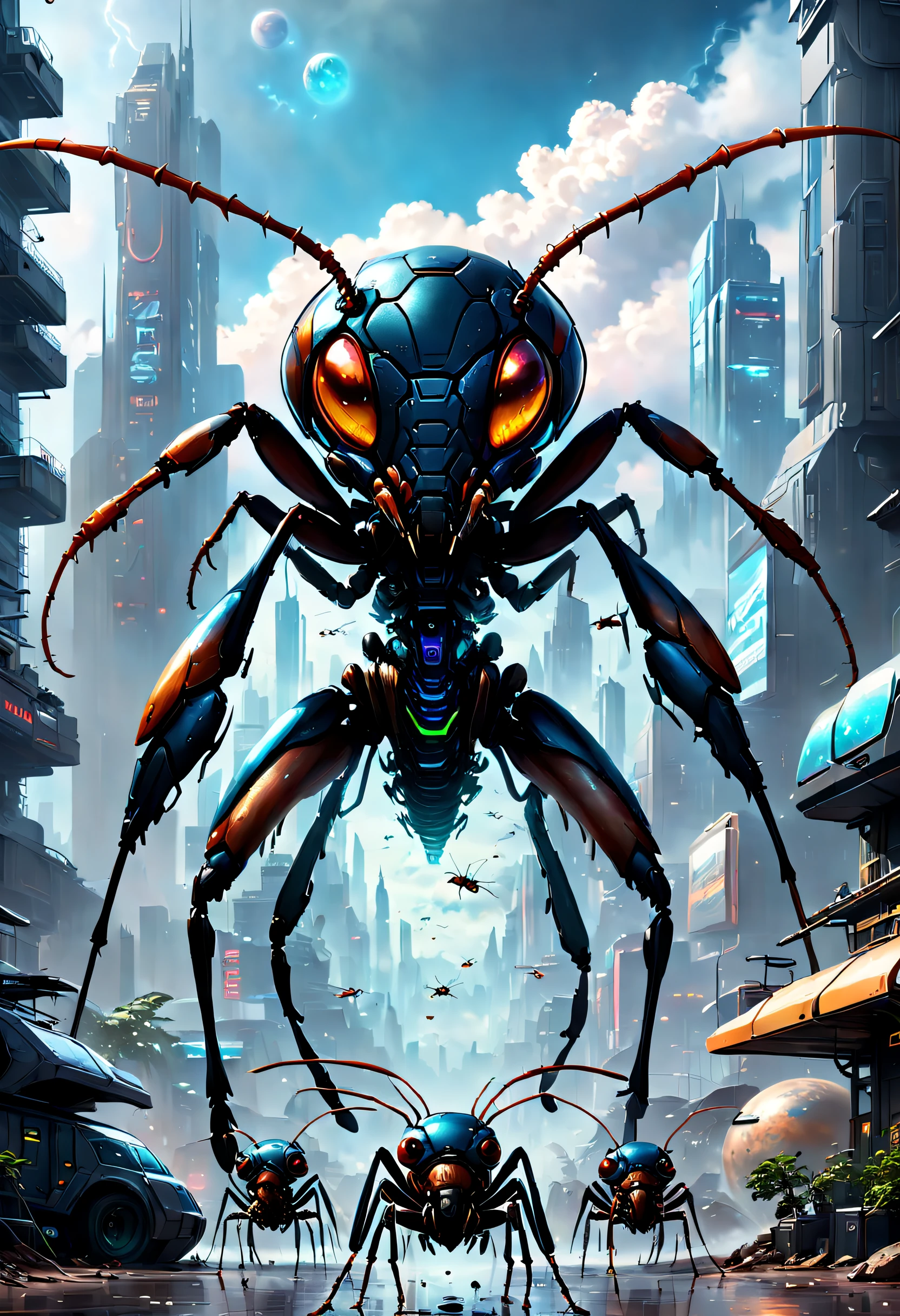 (Best quality, 4K, 8K, A high resolution, Masterpiece:1.2), Ultra-detailed, (Realistic, Photorealistic, photo-realistic:1.37),Giant ants break through the clouds,Detailed giant ants as large as planets,ultra-realistic realism,Epic dreams,Beautiful sci-fi art,science fiction digital art,futuristic urban background,Beautiful sci-fi art, Science-fi digital art illustration, Digital cyberpunk art, science fiction digital painting, futuristic digital painting, futuristic concept art, in front of a sci fi cityscape, science fiction digital art, Advanced digital cyberpunk art, Fantastic cyberpunk ants