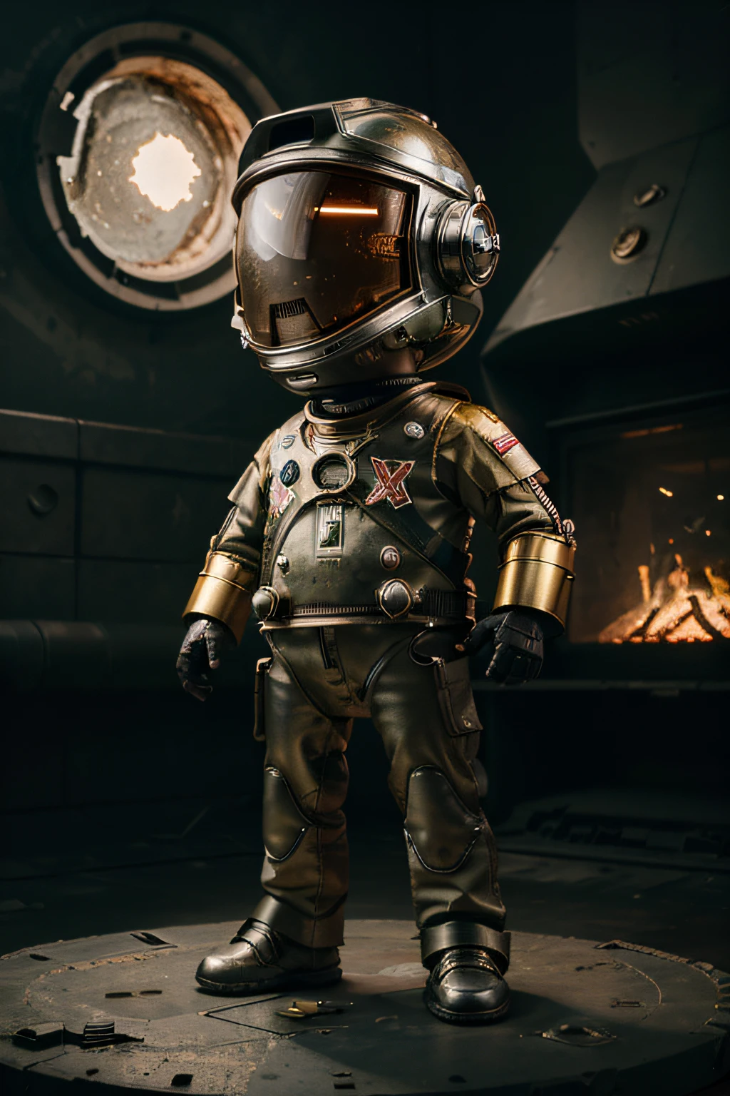 A toon Crazy whit a Big ONE a Only Eye Robot CCCP Soviet, and helmet Style, tongs in hands, Tv head, pinhead, camouflage Gold Silver Pink Rusty, Ambient in a meteorite crater super detailed, center, beautiful, soft lighting, focused on the character, 4K resolution, photorealistic rendering,