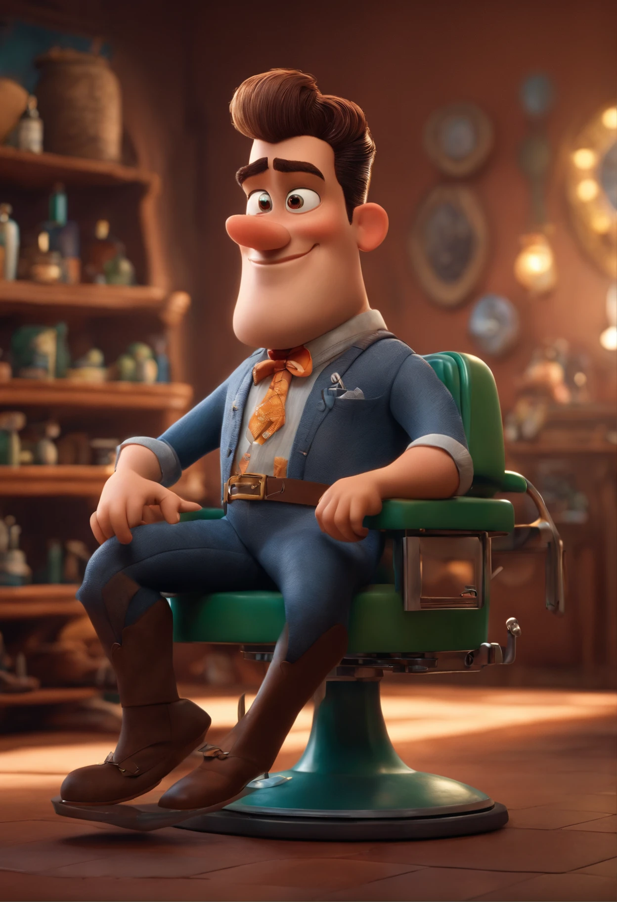 A Dream Barber Inspired by Pixar Animation, de perto. The character takes center stage with captivating facial expressions, oferecendo um toque de irrealidade, Cabelo curto e gordinho gradiente