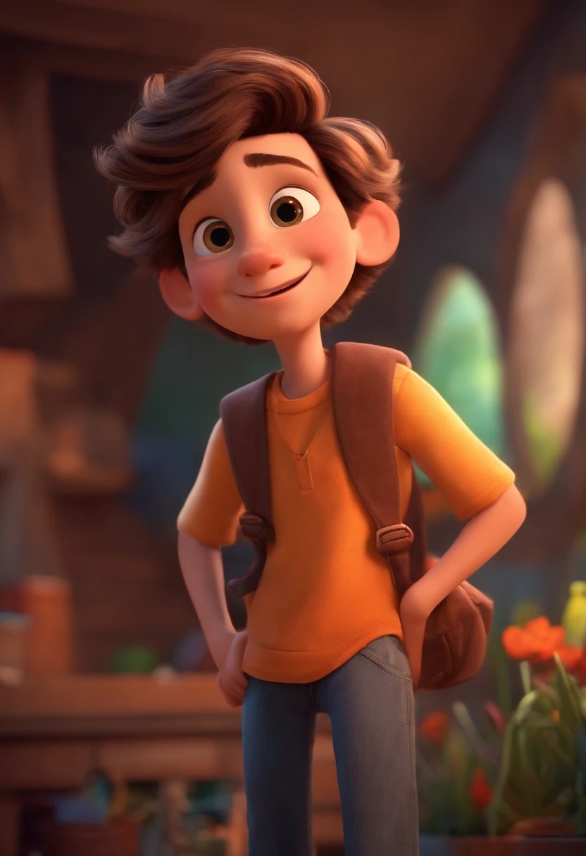 Image of a boy for a story in a YouTube video in Pixar format, He's the  allabester, He's the class leader, He's outgoing, Playful and gets up for a lot of things, cabelo curto