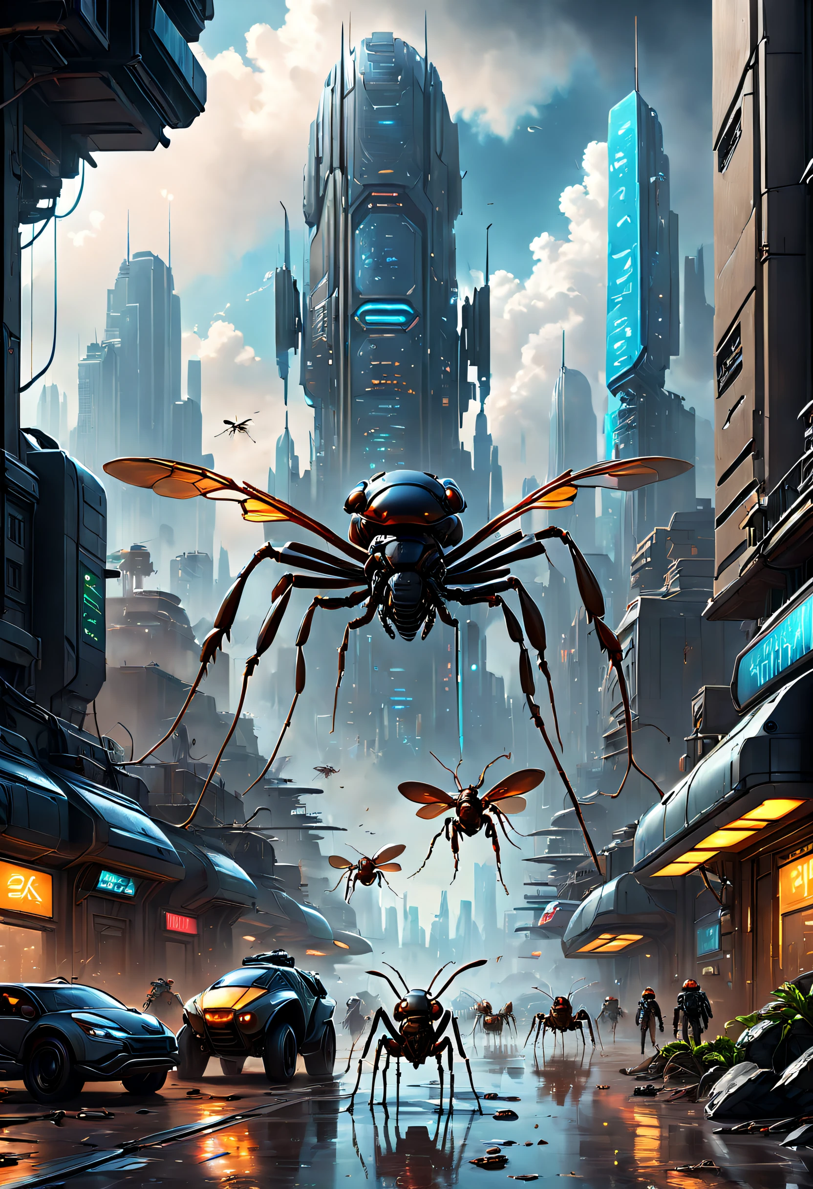 (Best quality, 4K, 8K, A high resolution, Masterpiece:1.2), Ultra-detailed, (Realistic, Photorealistic, photo-realistic:1.37),Giant ants break through the clouds,ultra-realistic realism,Epic dreams,Beautiful sci-fi art,science fiction digital art,futuristic urban background,Beautiful sci-fi art, Science-fi digital art illustration, Digital cyberpunk art, science fiction digital painting, futuristic digital painting, futuristic concept art, in front of a sci fi cityscape, science fiction digital art, Advanced digital cyberpunk art, Fantastic cyberpunk ants