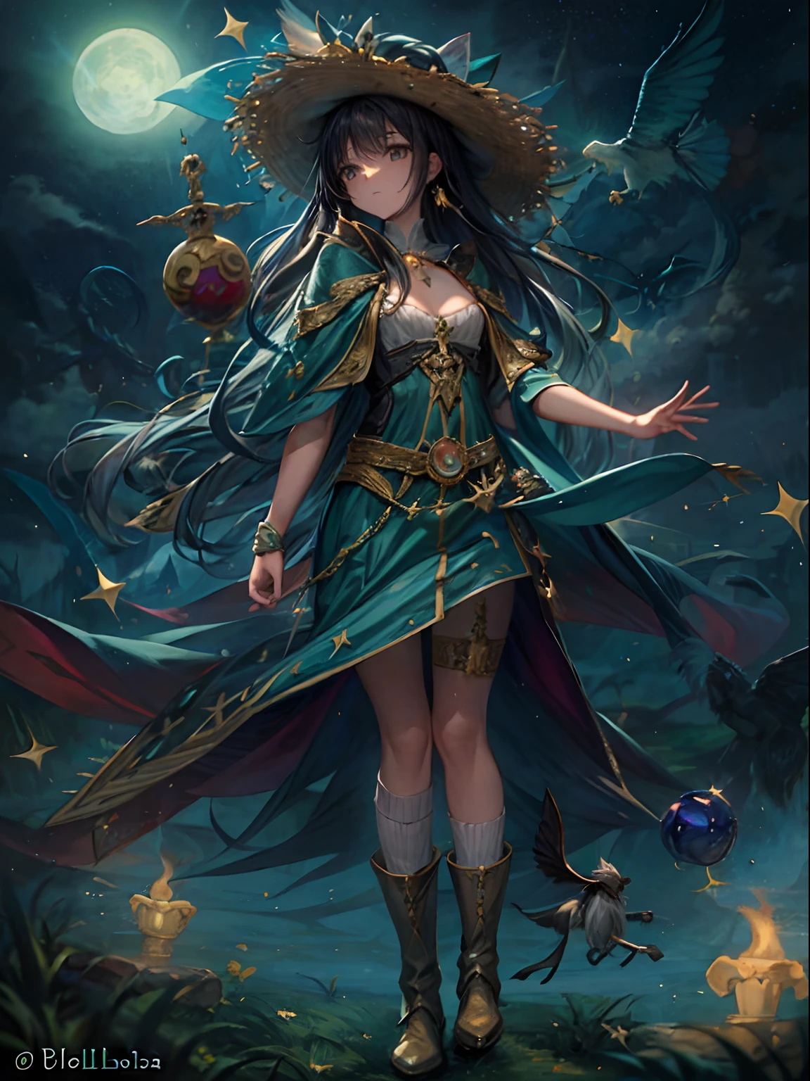 obra maestra, mejor calidad, ultra detallada, illustration,grupo de podersos magos y brujas,grupo en primer plano, fantasy, vuelo, escoba,aura,poderes, cielo nocturno, aire libre, magia, hechizos, luna, estrellas, nubes, viento, cabello, capa, sombrero, botas, palo de escoba, brillante, misterioso, encantador, caprichoso, frisky, aventurero, libertad, asombro, fantasi, determination, habilidad, velocidad, movimiento, energy, realismo, naturalista, figurativo, representativo, belleza, Fantasy culture, Mythology, cuentos de hadas, folclore, leyendas, brujas, magos, magical creatures, fantasy worlds, compositing, escala, primer plano, middle ground, fondo, perspectiva, luz, color, textura, detalle, belleza, asombro.