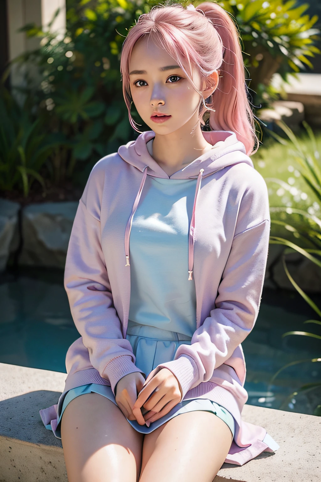(8k, RAW photo, best quality, masterpiece), (realistic, photo-realistic:1.2), ultra-detailed, 1 girl,cute, solo,beautiful,nose blushing,soft mouth,beautiful detailed Blue eyes, wearing Hoodie jacket, shirt, skirt, average body, floating pink hair, pink hair, GIRL,FEMININE, blue eyes, ultra-fine details, intricate scene, ambient lighting, soft glow, elegant,symmetrical facial features, accurate anatomy, anatomically correct girl, scenic, gossamer, ethereal,ponytail,gentle,mild,wise, sitting, upskirt showing panties