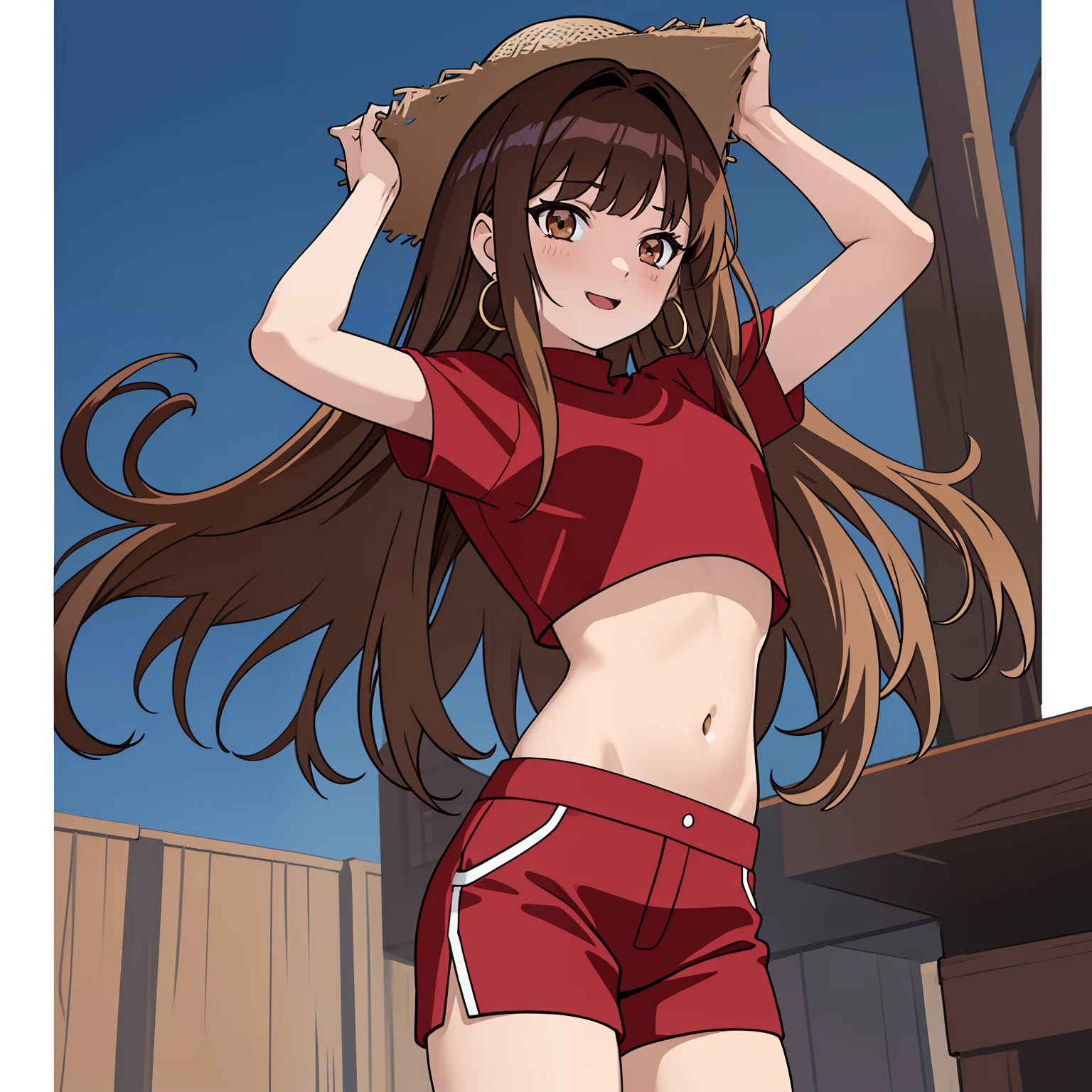 masterpiece, best quality, 1girl, long brown hair curtain bangs,Amber brown eyes, red crop top, black shorts, mesh undershirt, happy, big earrings, (falling in the sky:1.2),