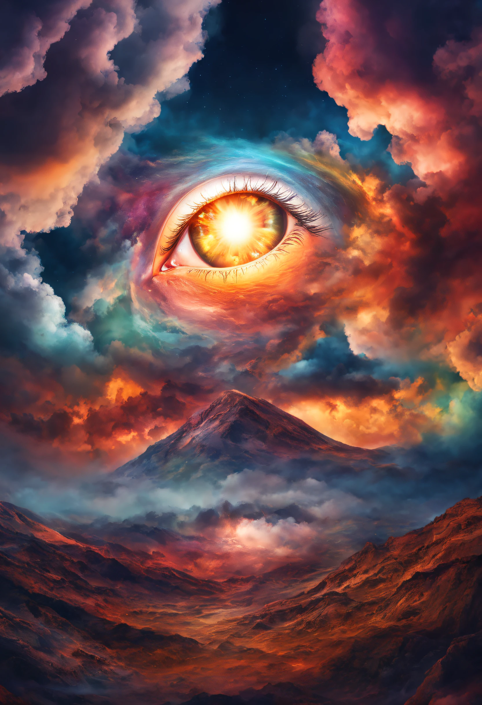 (Solo) Incredibly spectacular clouds，A huge eye，Portrait of a mystical giant eye, the eye of the universe, The Eye of God, mystic eye, eyelash，eyeballs，collofull eyes，Emergency scene in a cosmic cloud, Fractal Nebula Chain, cosmic, Celestial, cosmic, A vibrant and vivid entity, whirly, Spinning, unreal, High contrast, Symbolism, magical, mistic, mistic, Hyper-realistic, Supersaturation, Colorful, 8K