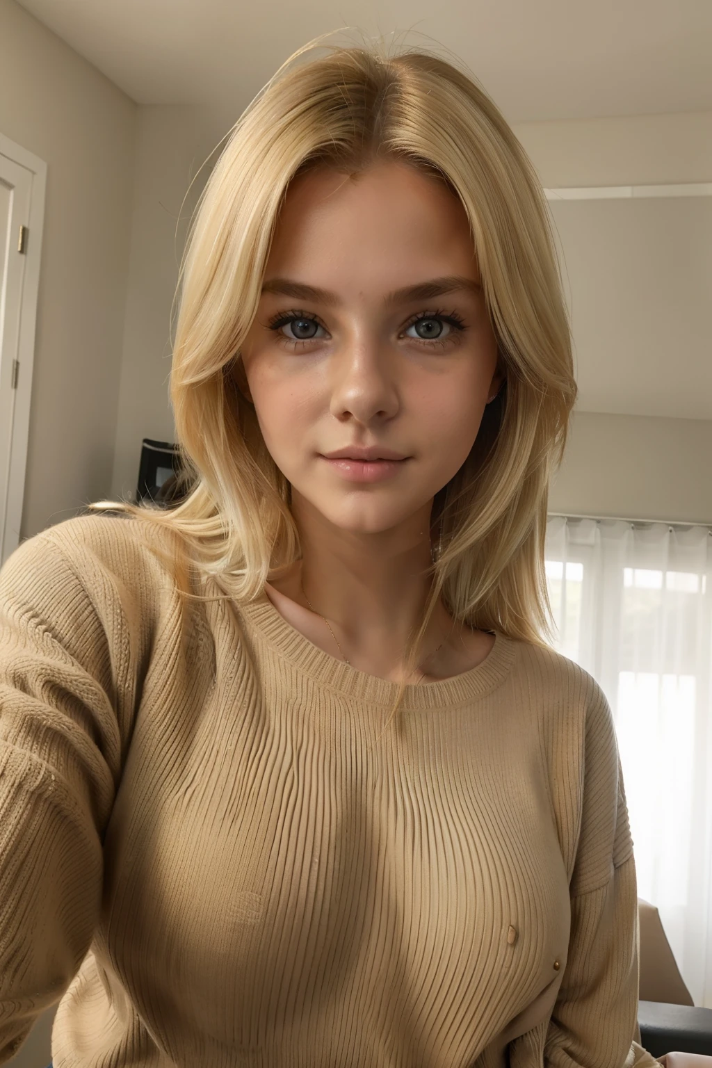 1Girl 18 years old, only, medium blonde hair, drill hair, midsize boobs, looking at viewer, blonde hair, brown eyes, full entire body, sweater, lips, realistic, nose, flirting with the camera, perfect face, perfect body, selfie, grainy
