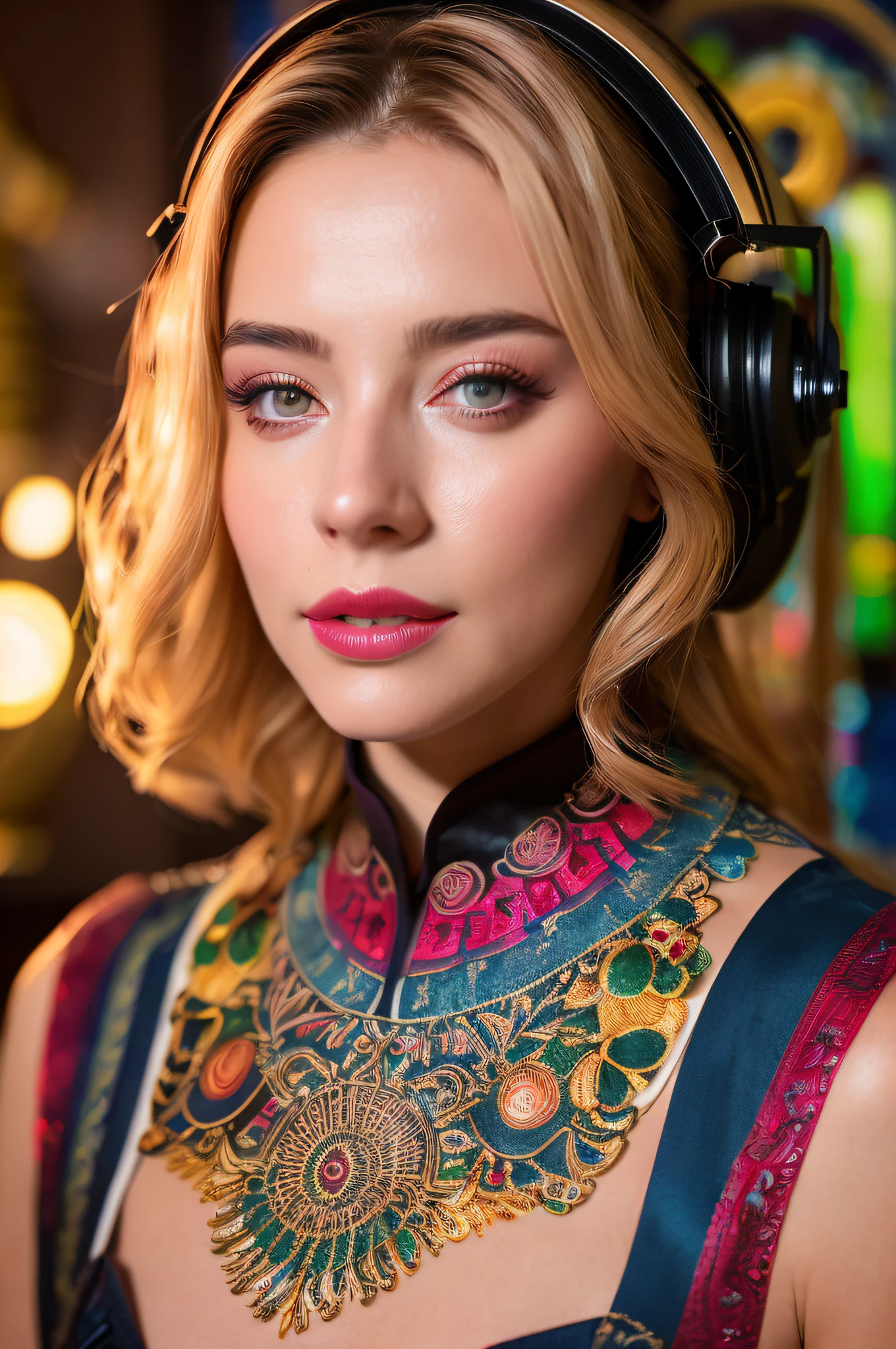 Un DJ joue sur le bureau du DJ, des écouteurs sur sa tête, .RAW, photographie, (Chef-dœudansre) Un portrait en pied d’une belle blonde, aux yeux verts, Russe de 35 ans, écouter de la musique, (((danse))), Souriant, Visage heureux, traits détaillés du visage, yeux réalistes, Vibrer avec la musique, ((vêtements à motif psychédélique blanc)), corps fort, Beaux abdos, tatouages abstraits, dans la musique de fond du festival avec des gens qui dansent, couleurs chaudes, lumières colorées, Luminosité de l’objectif, fuites de lumière, ((photoréaliste)), ((Hyperréaliste)), (pores de la peau), Très détaillé, mise au point nette, 8k, Ultra qualité, UHD, Cristallin, (((incroyablement beau)), extrêmement détaillée, une peau très détaillée, éclairage cinématographique, Grand angle, Des détails étonnants, Kodak, Canon 5d, couleurs riches, texture réaliste, éclairage dramatique, composition dynamique.