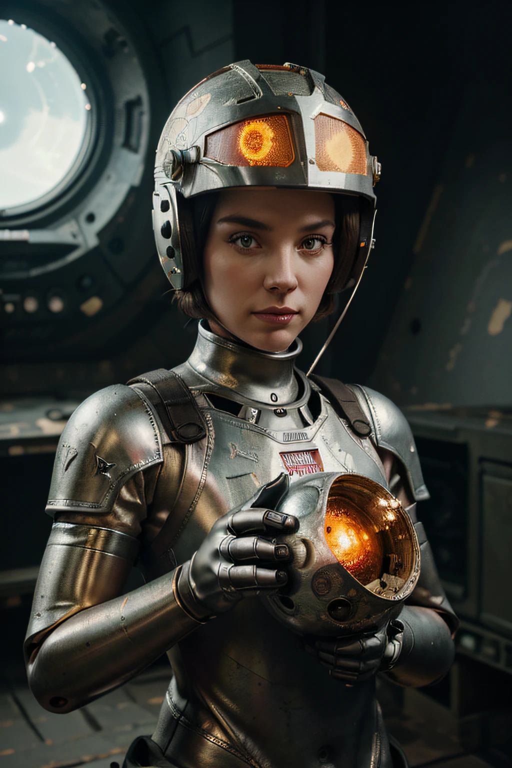 A toon Crazy whit a Big ONE a Only RED Eye Robot CCCP Soviet, and helmet Style, tongs in hands, Tv head, pinhead, camouflage Gold Silver Pink Rusty, Ambient in a meteorite crater super detailed, center, beautiful, soft lighting, focused on the character, 4K resolution, photorealistic rendering,